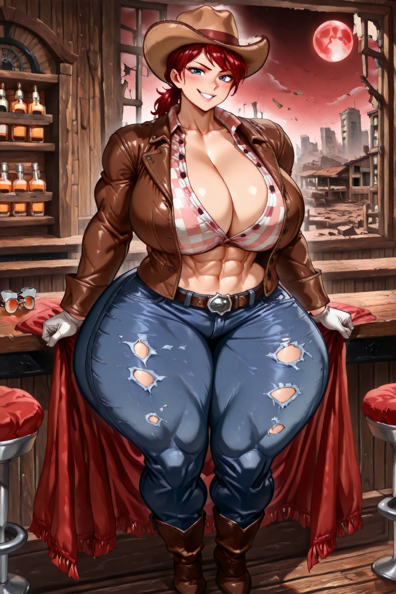 Score_9, score_8_up, score_7_up, score_6_up, score_5_up, score_4_up, BREAK, ((24k, insane details, insane resolution, insane detailed background, beautiful detailed eyes, beautiful detailed face, beautiful detailed hands, beautiful Detailed feet, Ultra Masterpiece, ultra quality,)), BREAK ss-fnvcass-ill, 1 girl, solo, short hair, low ponytail, red hair, blue eyes, cowboy hat, pink checkered shirt, cleavage, brown jacket, belt, gloves, torn jeans, boots, ((Huge breasts, huge ass, huge asscheeks, huge thighs, huge hips, 8 pack, abs, voluptuous body, venus body,)), ((looking at viewer, sexy seductive grin, in love, blush, full body view, front view, standing up, BREAK inside old western saloon bedroom, wooden floor, wood walls, wooden celling, bar counter, alcohol on bar counter, shot glasses on bar counter, alcohol in shot lasses, standing next to massive western wooden bed, red blankets on bed, red pillows on bed, at night, brown desert outside window, city ruins outside window, red full moon outside window,)),