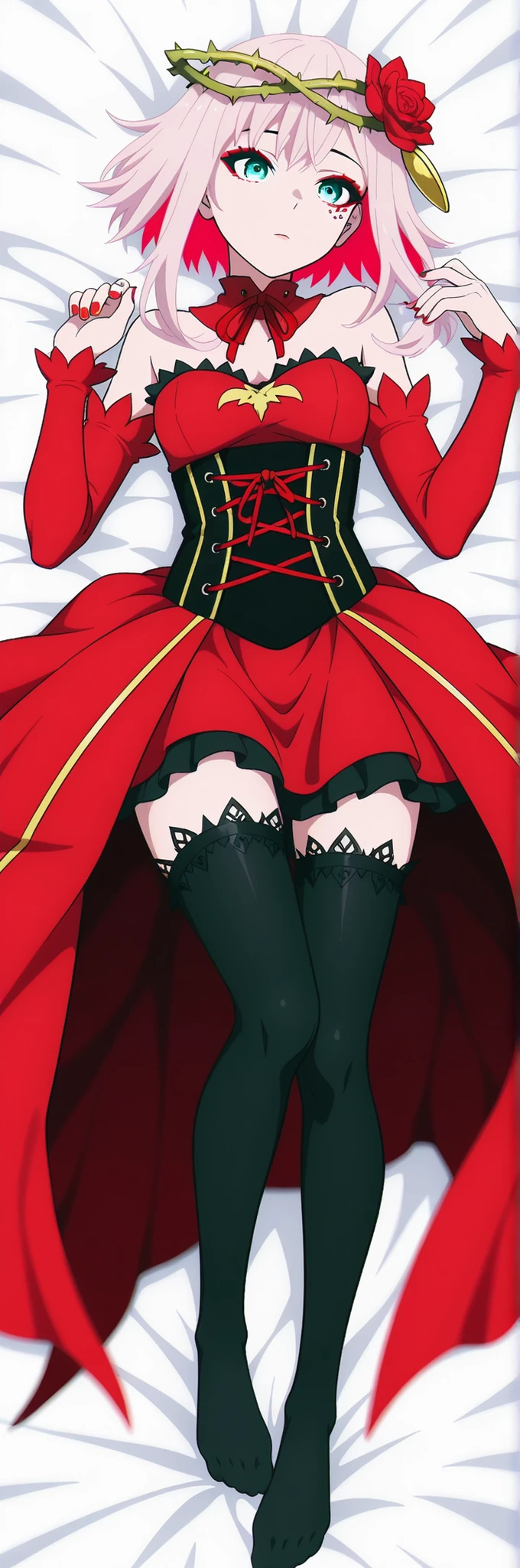 masterpiece,the best quality,ultra detailed,illustration,CG,unity 8k wallpaper,depth of field,Sense of modernity,((dakimakura)) , (lying on the white sheet), (manos perfectas), destiny, short hair, colored inner hair, pink hair, red hair, short hair with long locks, hair ornament, hair flower, crown of thorns, aqua eyes, makeup, red eyeshadow, mark under eye, Red nails, detached collar, red dress, strapless dress, high-low skirt, corset, thorns, detached sleeves, black thighhighs,