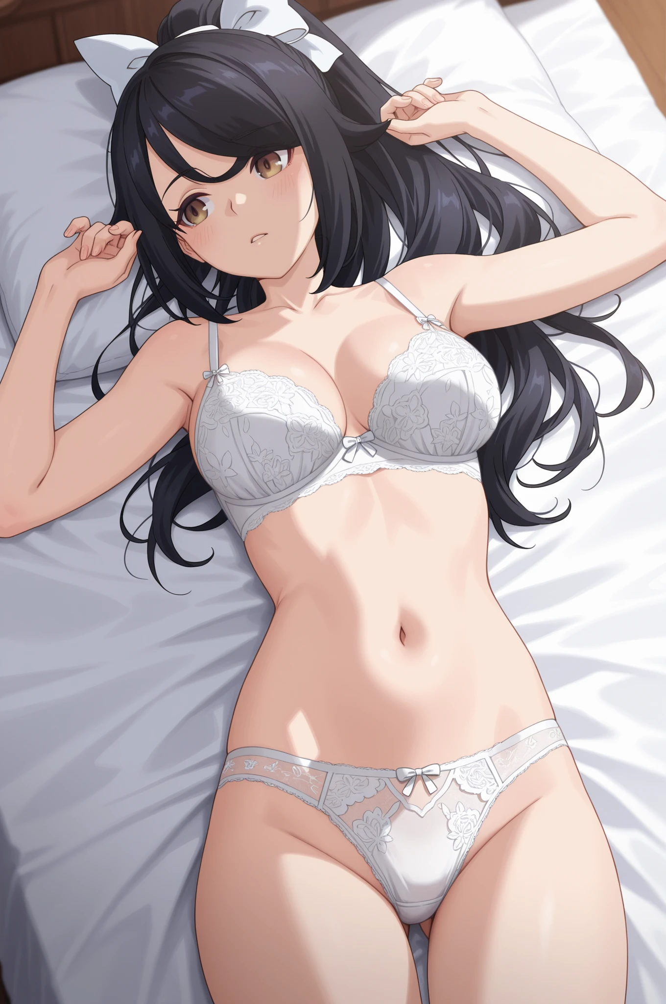 (masterpiece:1.5),(from below:1.4),(Browsing Caution,:1.5),(Perfect skeleton:1.5),(Bright room:1.3),(Sleep on your back:1.4),Perfect female body,(鮮やかなcolor:1.3),Perfect lighting,(Light from the front,Light on the face:1.3),(Extremely accurate details,Ultra-high resolution,Highly detailed CG Unity 8k wallpaper:1.5),(Realistic,Photorealistic,超Realisticな:1.5),(curve,model,Glamour:1.5),(:1.4),(K cup ),Beautiful ,color_aberration,Beautiful detailed shadows,Beautiful Eyes,Beautiful body,Beautiful Skin,Beautiful Hands,(Aesthetic Anime Eyes:1.4),(arms behind back:1.4),Shiny Hair,(Black Hair:1.5),(Straight long hair:1.5),(Beautiful Hair:1.4),(smile,blush:1.4),(:1.4),(:1.3),(High-quality fabric,Highly detailed panties,Lace-trimmed legwear:1.4),,Bedroom,Beautiful ,(White hair ornament:1.4),(黄colorの髪飾り:1.3),blue eyes,And soul,(Open your mouth a little:1.0),(Lips:1.4),(:1.3),(Spread your legs:1.1),
(Big anime girl lying on her back on bed:1.4),(White panties:1.3),