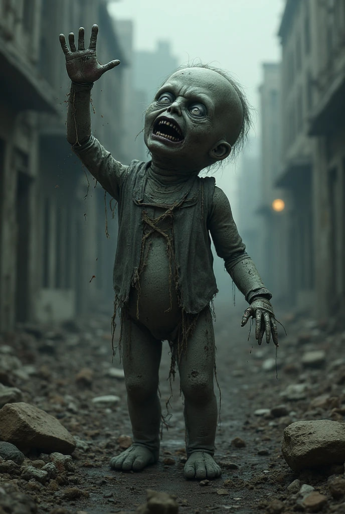 Zombie girl, , ruined city, rain, fog, realistic, dark lighting,  running towards viewer, reaching towards viewer, feral, rage, <lora:Zombie_Gals_1.1:0.5>