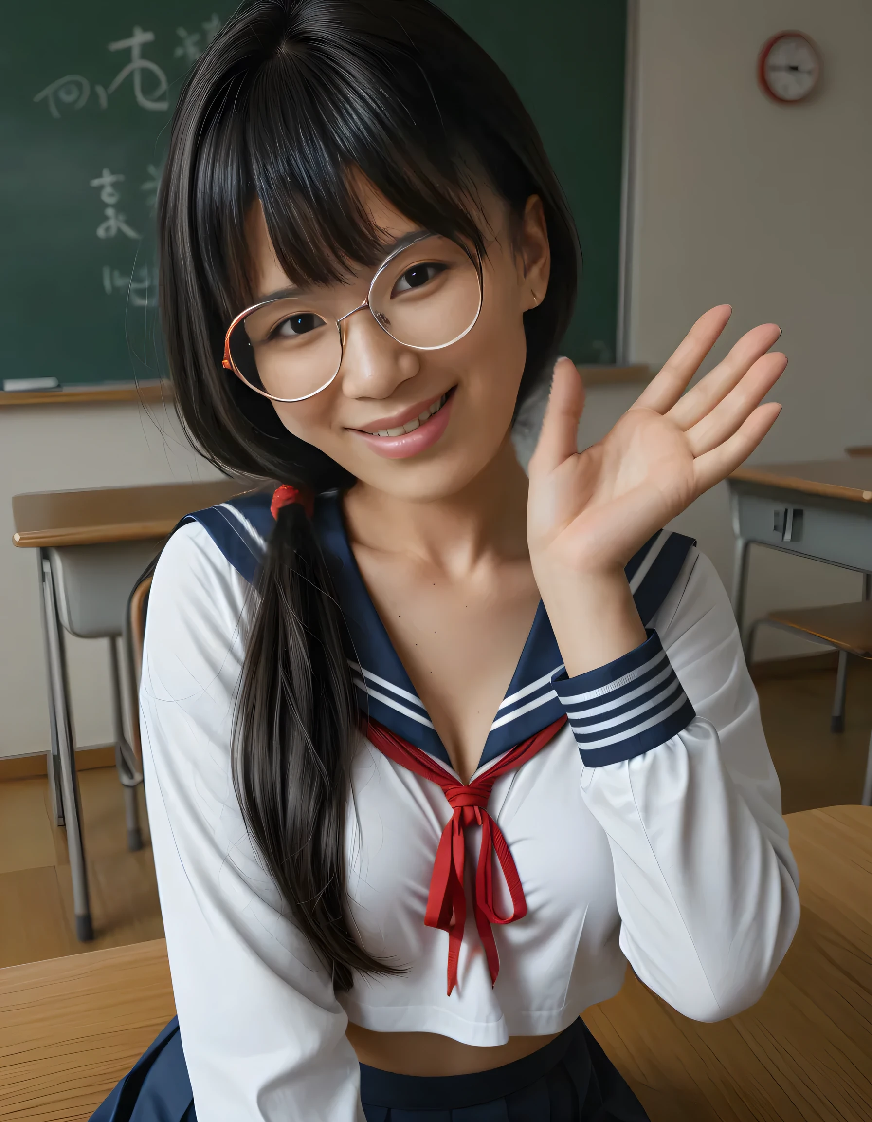 (Absurd:1.3),8K,(Detailed Photos:1.5),(Detailed face and skin:1.3),(Ultra-high resolution:1.5),(Realistic:1.5),Symmetrical clear eyes,Well-groomed face,(Ray Tracing:1.3) ,One girl, Japanese,high school girl,(wearing Japanese high school uniform:1.3),(Naval High School:1.3), break ( as a gift),(Detailed blue cotton :1.1),masterpiece, Highest quality, Very detailed,classroom,Black medium straight hair,Focus ,Cinema Lighting,(Blushing:1.3),( stains:1.4),Glasses,
