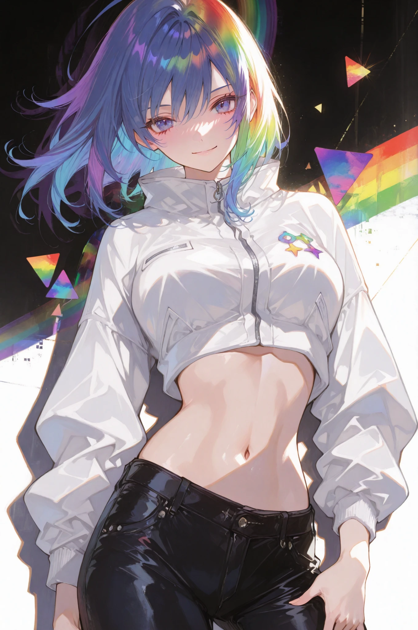(masterpiece:1.4), (Oh!Great style:1.3), inspired by Oogure Ito, dynamic anime girl, midriff-baring outfit, short sporty jacket slightly open, crop top, slim and athletic build, confident smile, detailed abdominal shading, stylish urban look, blue hair flowing in the wind, vivid lighting, dynamic composition, standing against a graphic art background with colorful graffiti, geometric shapes, rainbow curves, and abstract sunlight, bold color contrast, perfect detailed 5 fingers, cinematic perspective, strong highlights and shadows, stylish modern anime illustration