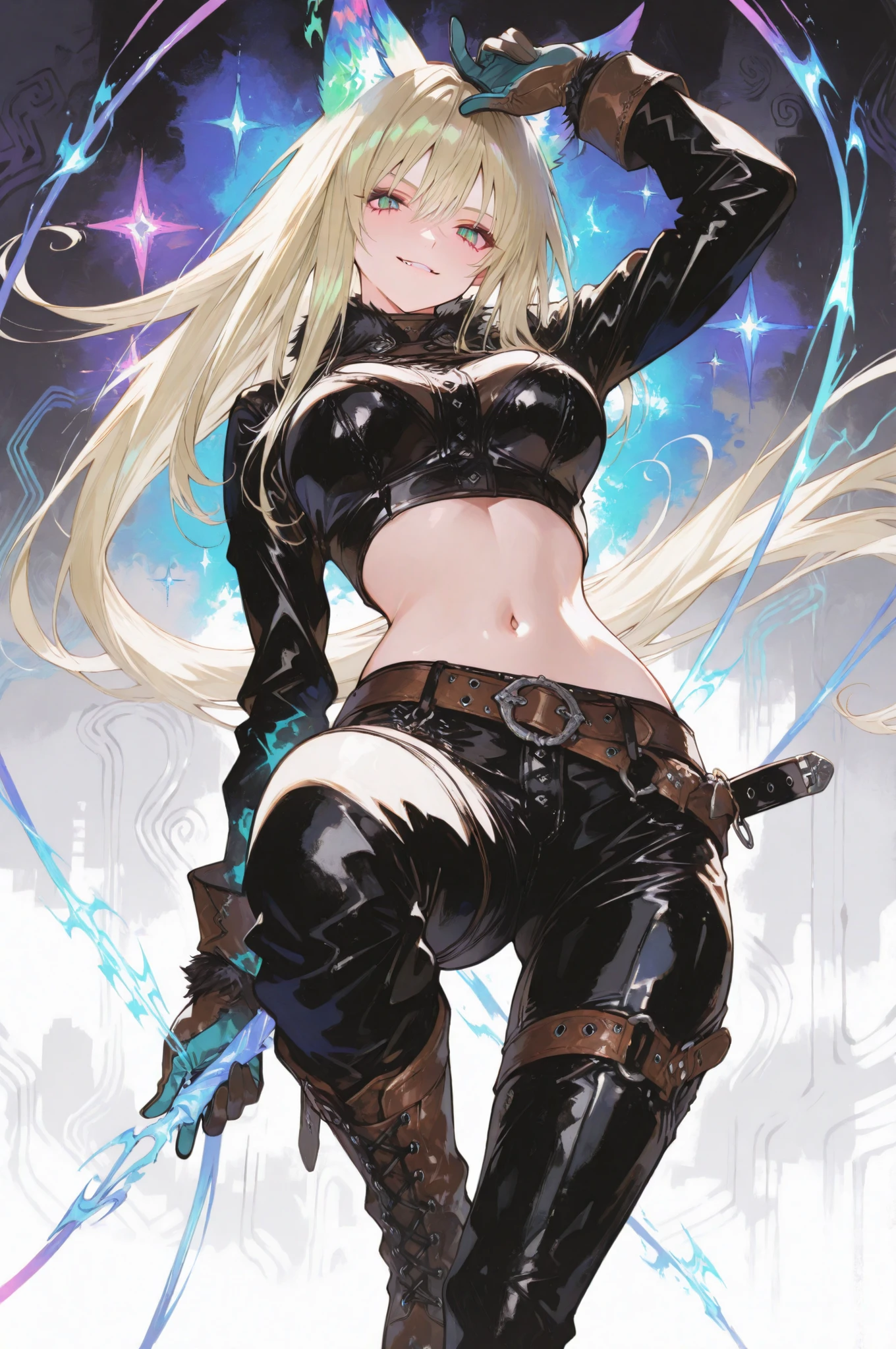 (masterpiece:1.4), (Oh!Great style:1.3), inspired by Oogure Ito, beautiful and powerful female beast tamer, raising a long whip dramatically above her head, dynamic motion, strong pose, confident smile, sharp eyes, detailed anatomy, flowing long hair moving with energy, midriff-baring leather outfit with belts and gloves, boots and metallic accessories, cinematic lighting, vivid color contrast, perfect detailed 5 fingers, abstract animal spirits swirling around her, graffiti-like colorful graphic background with geometric shapes and glowing effects, intricate line art, bold shading, high contrast, stylish urban fantasy atmosphere, dynamic perspective, wind and motion effects