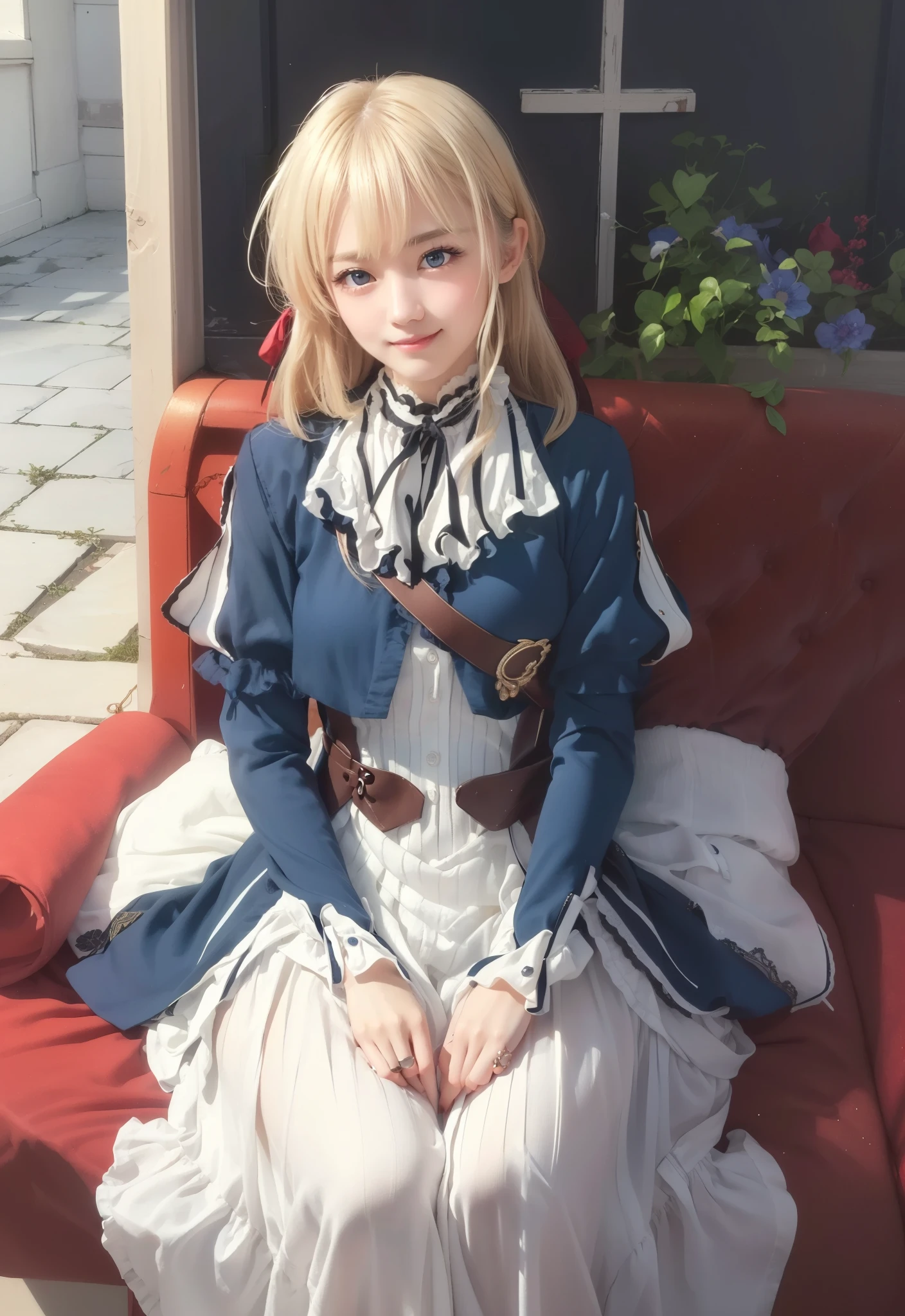 Blonde girl wearing blue dress and hat holding flowers, Korean Art Nouveau Animation, light novel cover art, Maid of the Enchanted Forest, Rococo Queen (Rococo Queen), sleeve cover art, Animation Key Visual Elegant, Portrait of the magical Lolita girl,