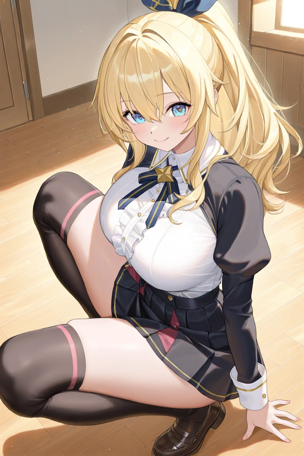 Eri Ayase、lovelive 、Blonde ponytail、One girl in a mini skirt, Sit with your  apart、A seductive smile、Looking down at the viewer, Plump thighs, Highest quality, Focus on the thighs, Spread your , smile, blazer, blouse, はだけたblouse、Big 、Purple Panties、Black knee socks,  classroom,My  is steamy 、Sweaty knee socks、Show the soles of your feet、Sweaty feet、Stain on the  line of panties