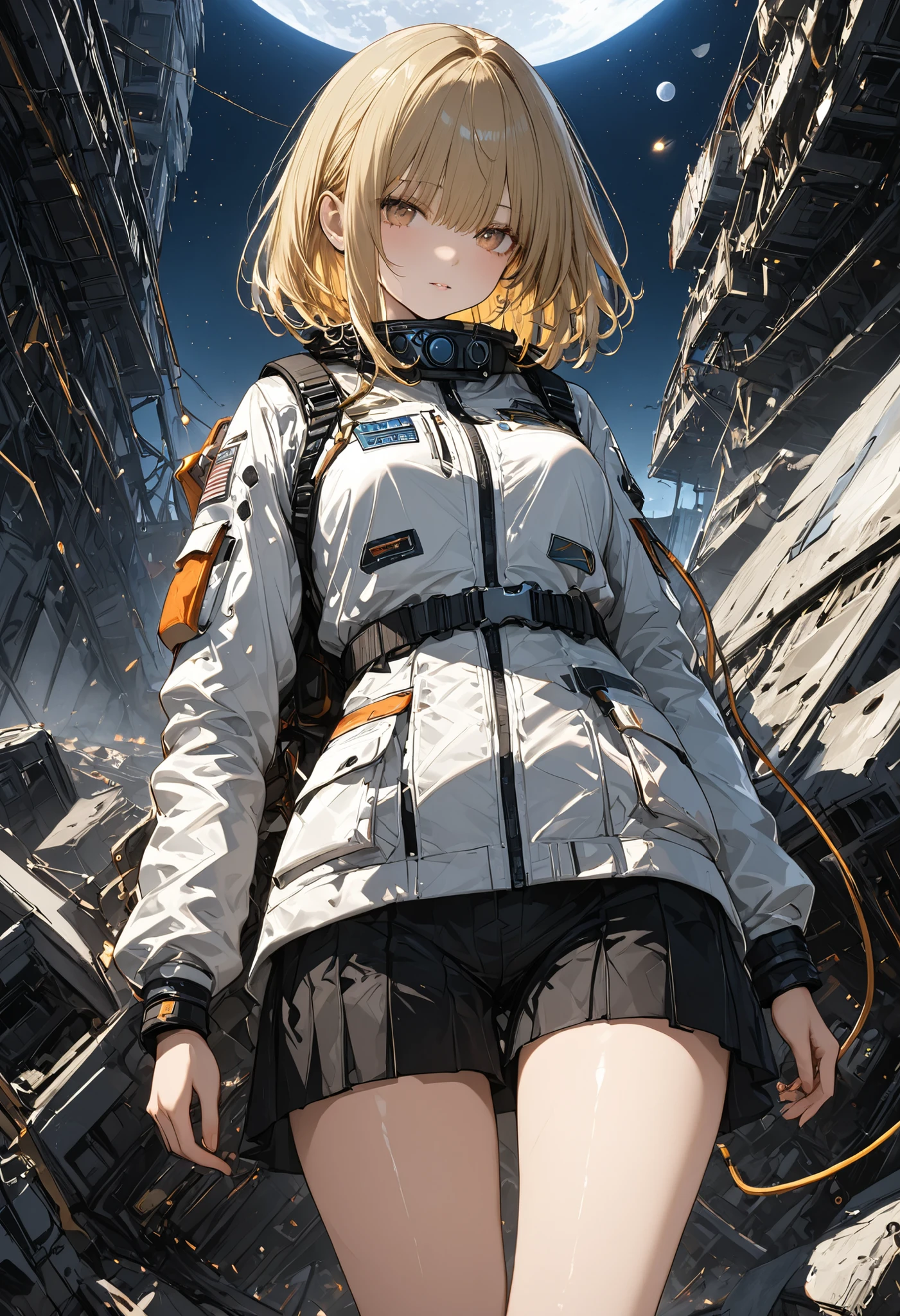 The Forgotten Star、The End of a Distant Galaxy、What kind of stories happened on this forgotten planet、The Forgotten Earth、🌏、Collapsed civilization、Broken Skyscrapers、Covering up、Rubble spreads all over、A girl in a spacesuit looking into the distance、White Moon、 What kind of story happened on this forgotten planet、masterpiece，（masterpiece），fuill body ,best quality ，（Highest Quality）， cinematiclighting ，（cinematic lighting）、beautiful detailed eyes ，eye detail connected to an electric wire，uitra-detailed，（Super Detailed），highresolution， （high definition），8k，8K resolution，official art，（official illustration style），