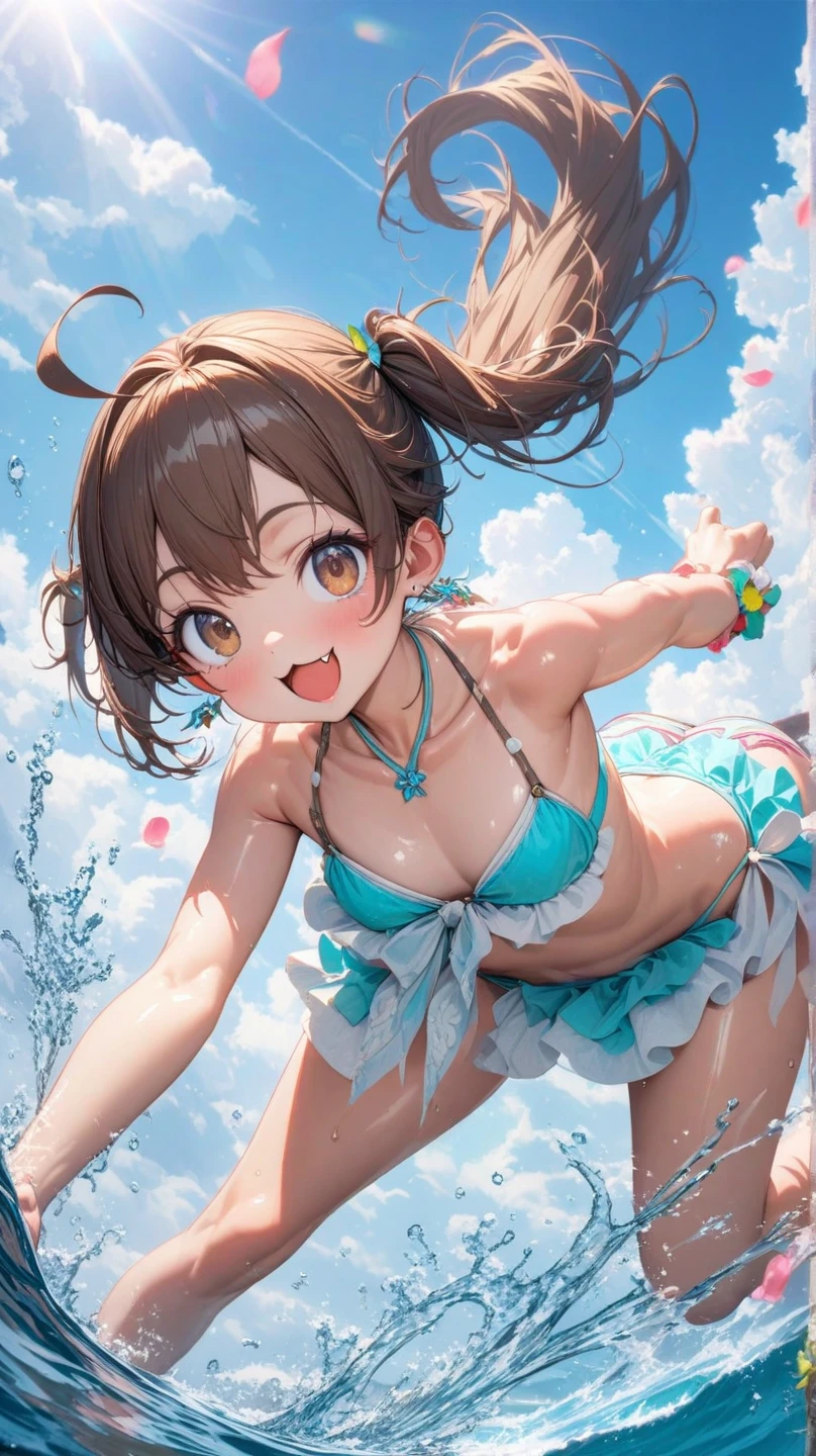 high-detail、masutepiece、fine portrayal、Vivid、absurderes, hight resolution, （Best Beautiful Girl Idol:1.5）, (Big Lori:1.2),erectile 、 Cowboy Shot, (Tsunami:1.4),Colorful micro , frilld, large earring, Gorgeous Necklaces, Gorgeous bracelets, Midsummer blue sky、 (floating water drop), (Water splash), (Water Effects:1.2), Dynamic Pose, Dynamic Angle, from the front side, resplendent smile、red blush、Countless particles of light、cinematic light and shadow、Brilliant kaleidoscope glow、Bright floral ornament、