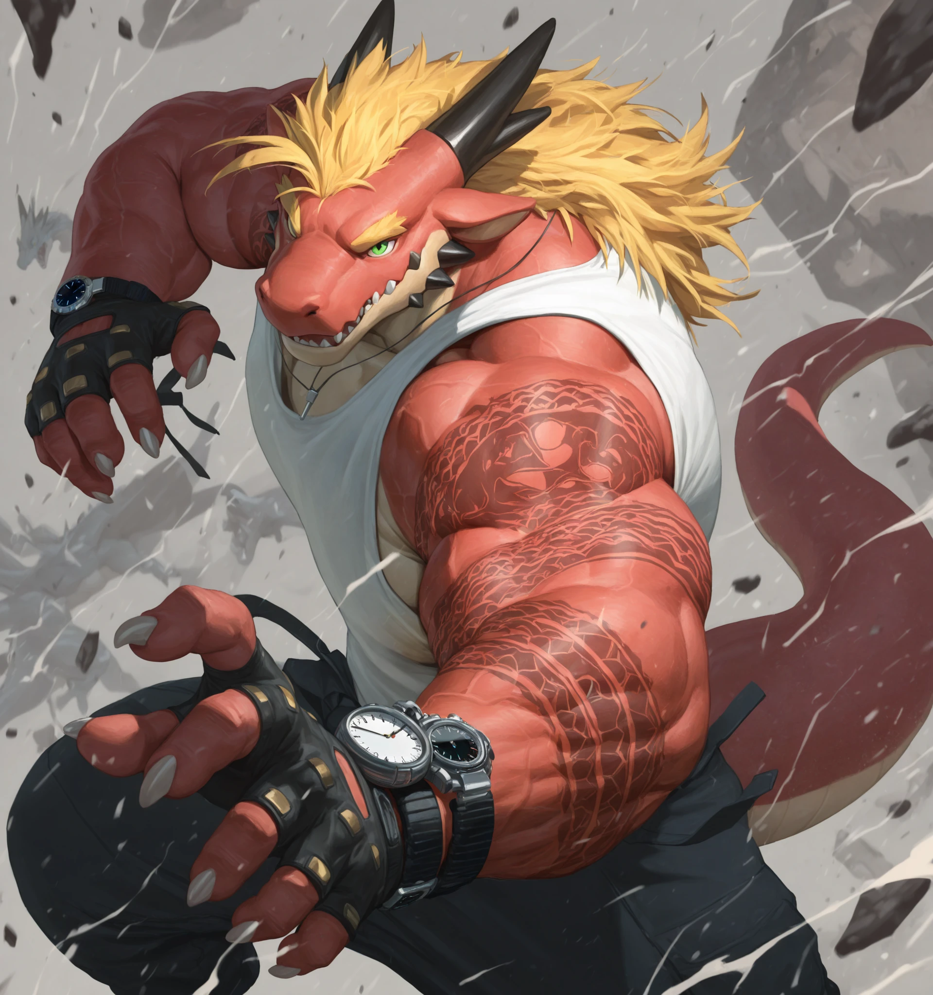 On the counter of a store filled with glowing potions，A giant dragon dressed in tight medieval clothing，There is a huge bulge，Greet you with a welcoming smile，side view