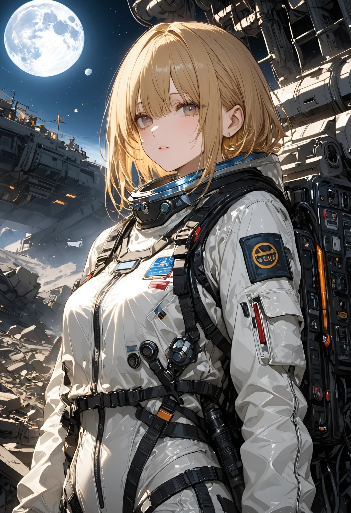 The Forgotten Star、The End of a Distant Galaxy、What kind of stories happened on this forgotten planet、The Forgotten Earth、🌏、Collapsed civilization、Covering up、Rubble spreads all over、A girl in a spacesuit looking into the distance、White Moon、 What kind of story happened on this forgotten planet、masterpiece,(masterpiece),fuill body ,best quality ,(Highest Quality), cinematiclighting ,(cinematic lighting)、beautiful detailed eyes ,eye detail connected to an electric wire,uitra-detailed,(Super Detailed),highresolution, (high definition),8k,8K resolution,official art,(official illustration style),