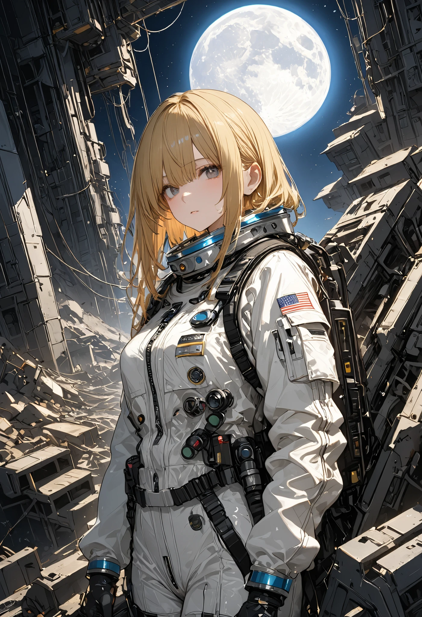 The Forgotten Star、The End of a Distant Galaxy、What kind of stories happened on this forgotten planet、The Forgotten Earth、🌏、Collapsed civilization、Covering up、Rubble spreads all over、A girl in a spacesuit looking into the distance、White Moon、 What kind of story happened on this forgotten planet、masterpiece,(masterpiece),fuill body ,best quality ,(Highest Quality), cinematiclighting ,(cinematic lighting)、beautiful detailed eyes ,eye detail connected to an electric wire,uitra-detailed,(Super Detailed),highresolution, (high definition),8k,8K resolution,official art,(official illustration style),