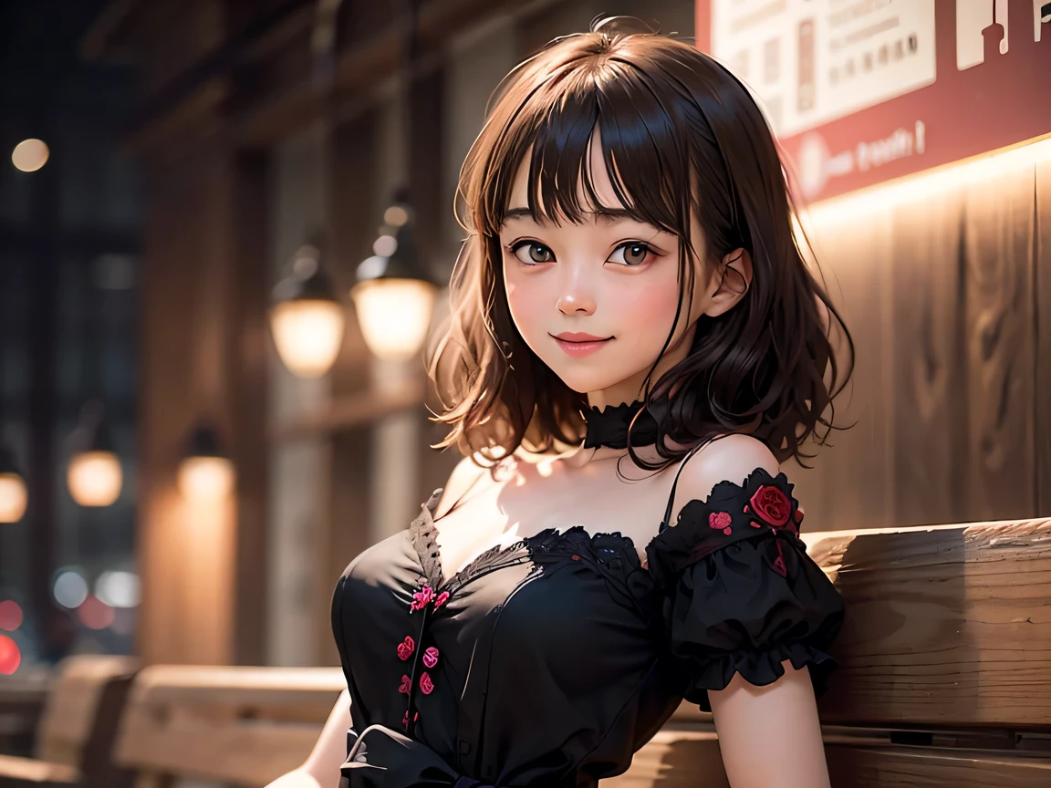 masterpiece, 8K, photorealistic, Raw photo, best quality, ultra high resolution, 1girl, solo, 12 year old female of Photorealistic anime girl, (Gothic Lolita Fashion, hair ribbon,  camisole, breastless clothes, corset, , frills, side tie , black pantyhose, high heels), (cute), (little:1.3), (very beautiful face:1.5), (Beautiful face with perfect symmetry:1.2), (cute face:1.3), (natural :1.3), (wonderful smile:1.3), (high detail skin:1.5), (perfect ), (Beautiful Dark brown short tiered hair, V cut with layers and bangs:1.2), (Beautiful black eyes:1.3), (Soft atmosphere characteristics), ((perfect Pause)), (Face close-up:1.3), volume lighting, soft light, bright,