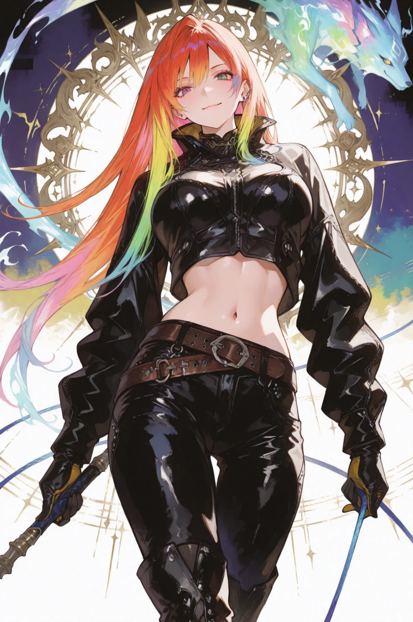 (masterpiece:1.4), (Oh!Great style:1.3), inspired by Oogure Ito, powerful and elegant female beast tamer, holding a long whip gracefully, confident smile, piercing eyes, mature charm, dynamic pose, detailed body proportions, flowing long hair, wearing a stylish fantasy outfit with leather belts and metallic ornaments, midriff-baring jacket, gloves and boots, vivid lighting, strong contrast, cinematic composition, perfect detailed 5 fingers, surrounded by abstract animal spirit motifs, colorful graphic background with geometric shapes and energy waves, intricate line art, bold shadows and highlights, urban fantasy atmosphere