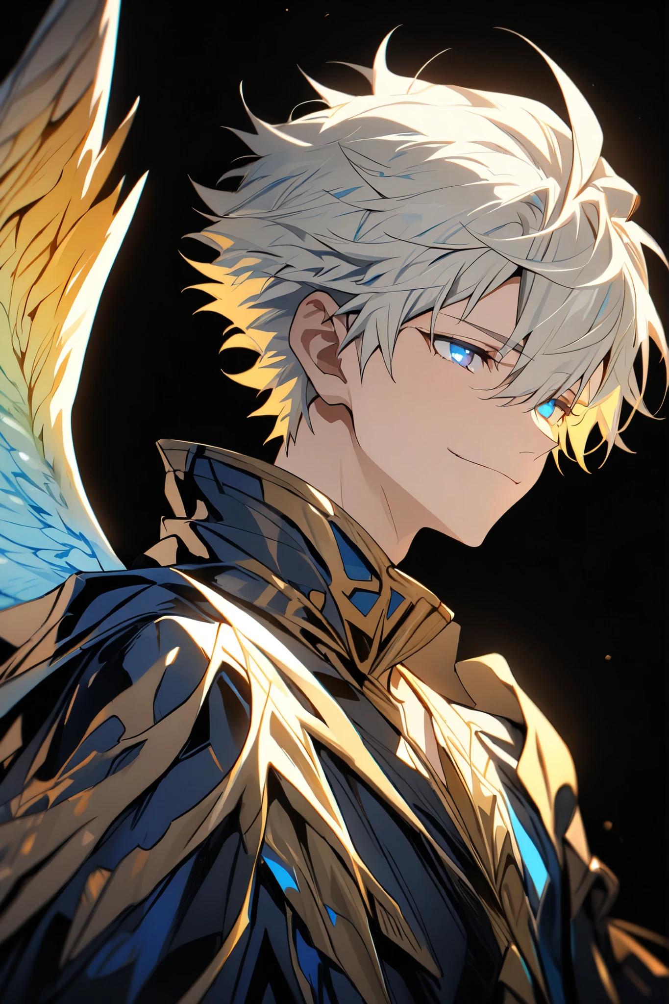 [(Black BACKGROUND:1.5),::5], ((masterpiece)), high quality, ultra very high resolution, full color, ((solo)), ((adult male)), ((men's white Short hair), (inner yellow hair), (blue eye.), light smile, anime, (upper body), (Wings EFFECT:1)