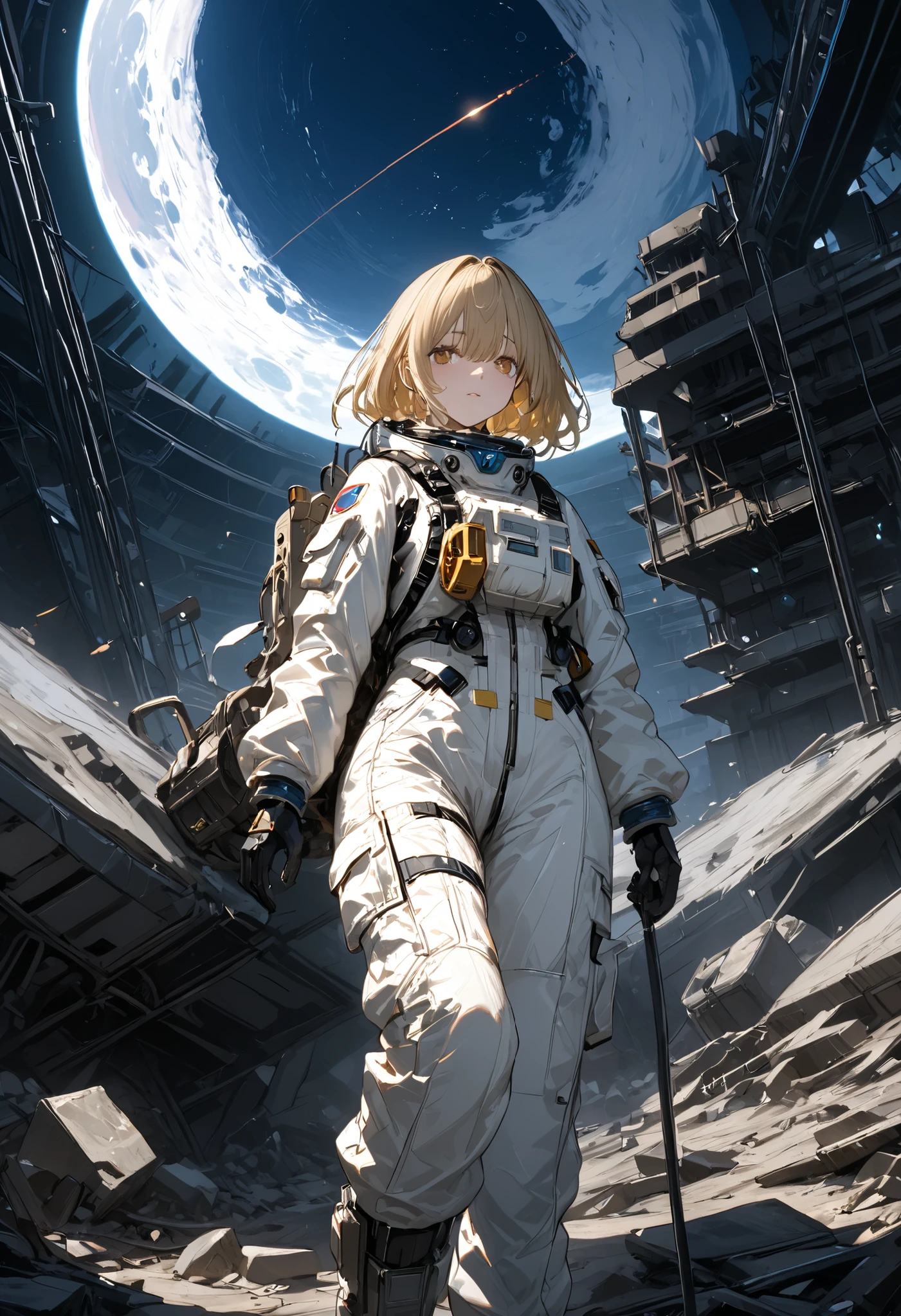 The Forgotten Star、The End of a Distant Galaxy、What kind of stories happened on this forgotten planet、The Forgotten Earth、🌏、Collapsed civilization、Covering up、Rubble spreads all over、A girl in a spacesuit looking into the distance、White Moon、 What kind of story happened on this forgotten planet、masterpiece，（masterpiece），full body view ,best quality ，（Highest Quality）， cinematiclighting ，（cinematic lighting）、beautiful detailed eyes ，eye detail connected to an electric wire，uitra-detailed，（Super Detailed），highresolution， （high definition），8k，8K resolution，official art，（official illustration style），
