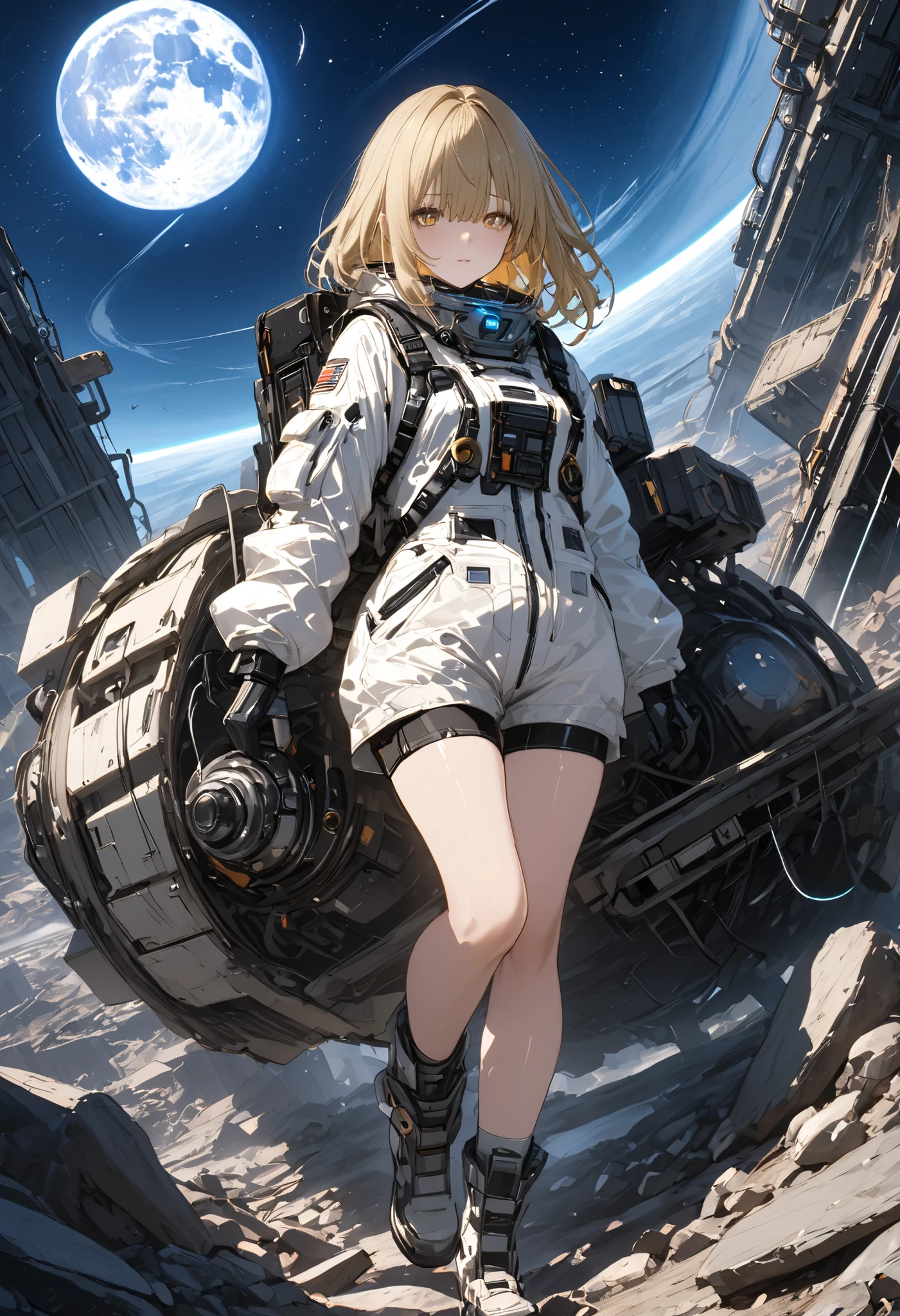 The Forgotten Star、The End of a Distant Galaxy、What kind of stories happened on this forgotten planet、The Forgotten Earth、🌏、Collapsed civilization、Covering up、Rubble spreads all over、A girl in a spacesuit looking into the distance、White Moon、 What kind of story happened on this forgotten planet、masterpiece，（masterpiece），full body view ,best quality ，（Highest Quality）， cinematiclighting ，（cinematic lighting）、beautiful detailed eyes ，eye detail connected to an electric wire，uitra-detailed，（Super Detailed），highresolution， （high definition），8k，8K resolution，official art，（official illustration style），