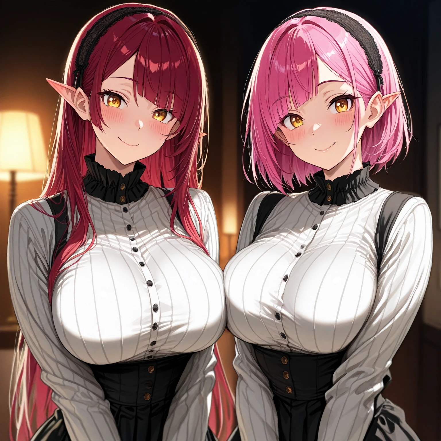 ((masterpiece, best quality)), 2girls, ((mature female)), (medium breasts), cleavage, curvy, thick thighs, fantasy, (dark skin:1.5), dark Elf, wide hips, thin waist, midriff, thigh strap, dark red hair, beautiful detailed pink eyes, medium breasts, (((beautiful detailed gothic black corset))), (multiple girls)