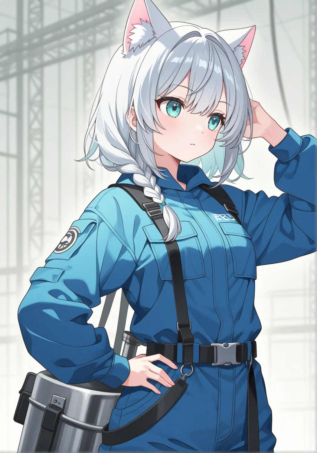 ，Dark gray hair，Blue Eyes，White jacket and grey short sleeves，Blue skirt for lower body，Technology，flat ，Holding a gun，Airplane anthropomorphism，whole body。