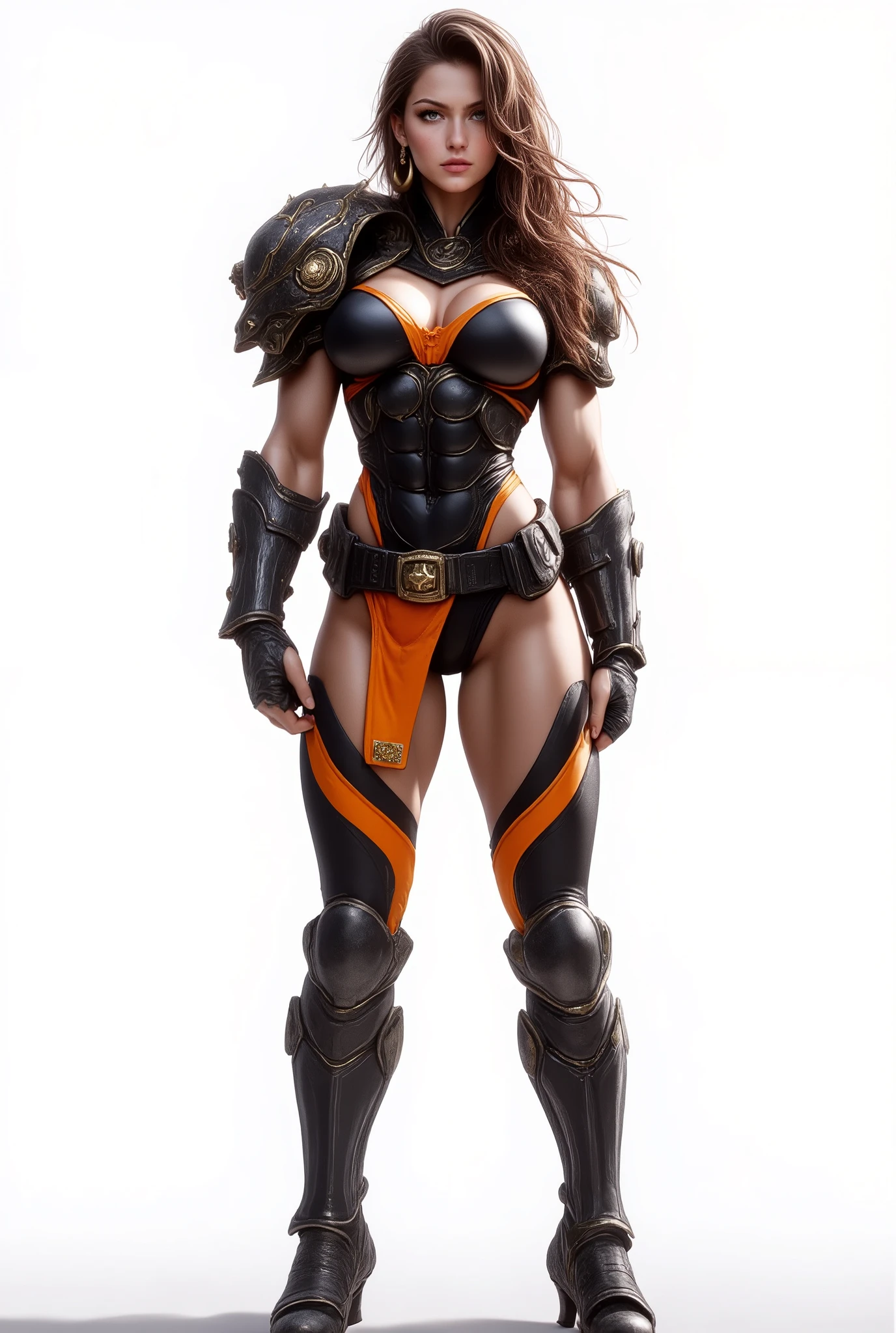 Full-body image, photorealistic adult Roman gladiator woman (18+), long wavy brown hair in a loose side sweep, light eyes, subtle glam makeup, clean unmarked skin; confident, stoic expression. Outfit: matte black and burnt-orange fitted tactical bra and matte black and burnt-orange fitted tactical pantie with sculpted panels (primary BLACK, accent ORANGE); sci-fi shoulder pauldrons (dark metal with fine orange inlays), heavy bracers/gauntlets, utility belt with gold/brass buckles, thigh straps, high black gloves; THIGH-HIGH stiletto boots (black) emphasizing elegant legs; minimal jewelry (small hoop earrings). Pose & Set: power stance ON a clean WHITE PODIUM (minimal plinth), slight turn toward camera, relaxed shoulders. Studio & Composition: seamless pure white background; FULL-BODY long shot (LS), eye-level 85 mm look; subject centered with generous head-to-toe space; shallow-to-medium depth of field, eyes tack-sharp. Lighting & Finish: high-key beauty lighting with large softbox key and clean rim highlights to emphasize specular shine on armor/leather; crisp edges, ultra-detailed textures (leather grain, stitching, metal hardware); UHD, HDR, editorial quality