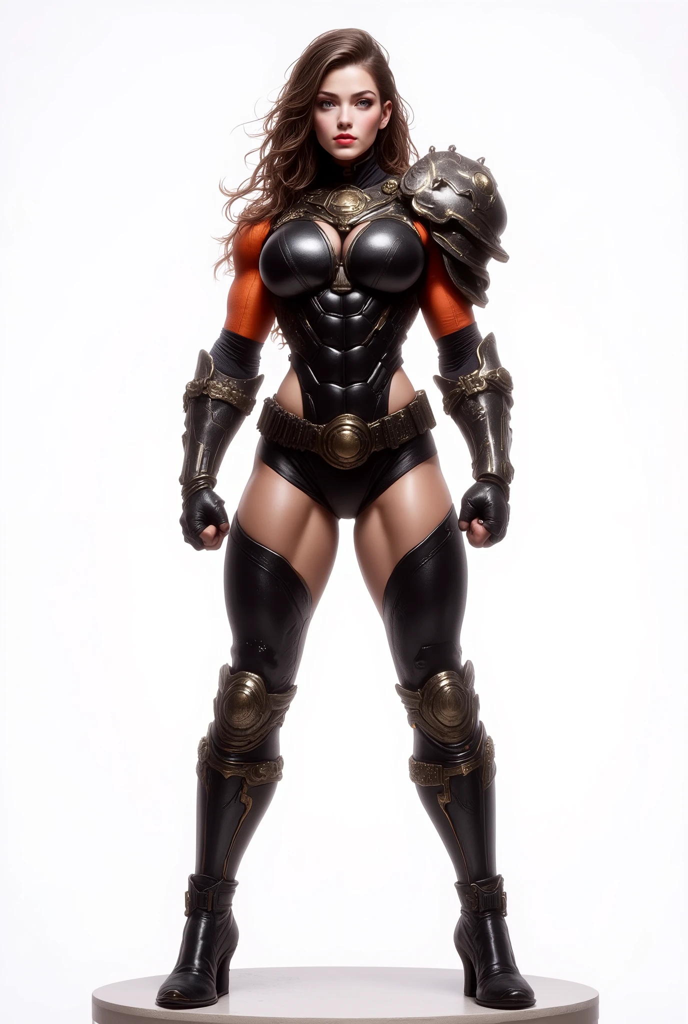Full-body image, photorealistic adult Roman gladiator woman (18+), long wavy brown hair in a loose side sweep, light eyes, subtle glam makeup, clean unmarked skin; confident, stoic expression. Outfit: matte black and burnt-orange fitted tactical bra and matte black and burnt-orange fitted tactical pantie with sculpted panels (primary BLACK, accent ORANGE); sci-fi shoulder pauldrons (dark metal with fine orange inlays), heavy bracers/gauntlets, utility belt with gold/brass buckles, thigh straps, high black gloves; THIGH-HIGH stiletto boots (black) emphasizing elegant legs; minimal jewelry (small hoop earrings). Pose & Set: power stance ON a clean WHITE PODIUM (minimal plinth), slight turn toward camera, relaxed shoulders. Studio & Composition: seamless pure white background; FULL-BODY long shot (LS), eye-level 85 mm look; subject centered with generous head-to-toe space; shallow-to-medium depth of field, eyes tack-sharp. Lighting & Finish: high-key beauty lighting with large softbox key and clean rim highlights to emphasize specular shine on armor/leather; crisp edges, ultra-detailed textures (leather grain, stitching, metal hardware); UHD, HDR, editorial quality