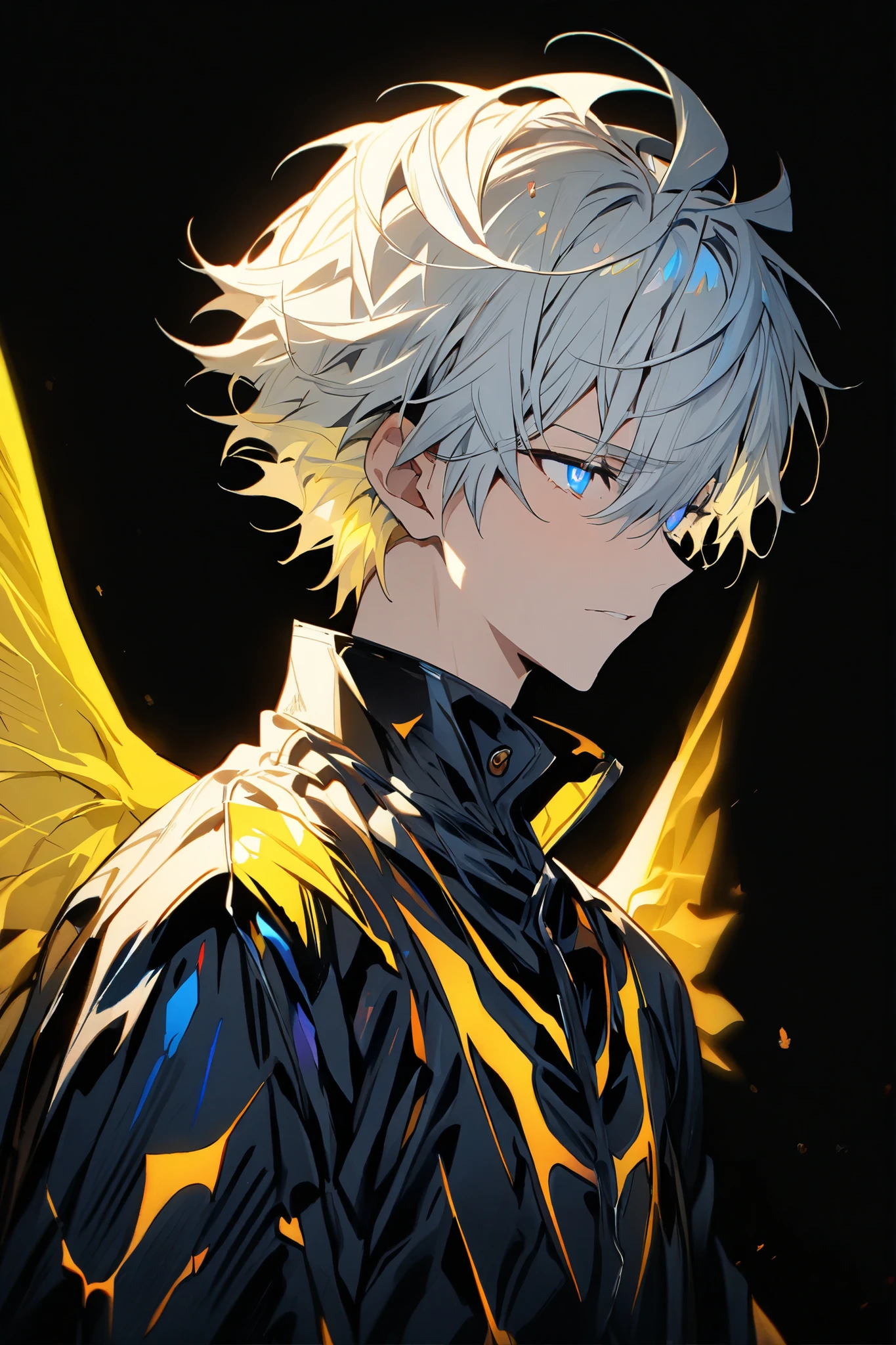 [(BLACK BACKGROUND:1.5),::5], ((masterpiece)), high quality, ultra very high resolution, full color, ((solo)), ((adult male)), ((men's white Short hair), (inner yellow hair), (blue eye.), anime, (upper body), (Wings EFFECT:1)
