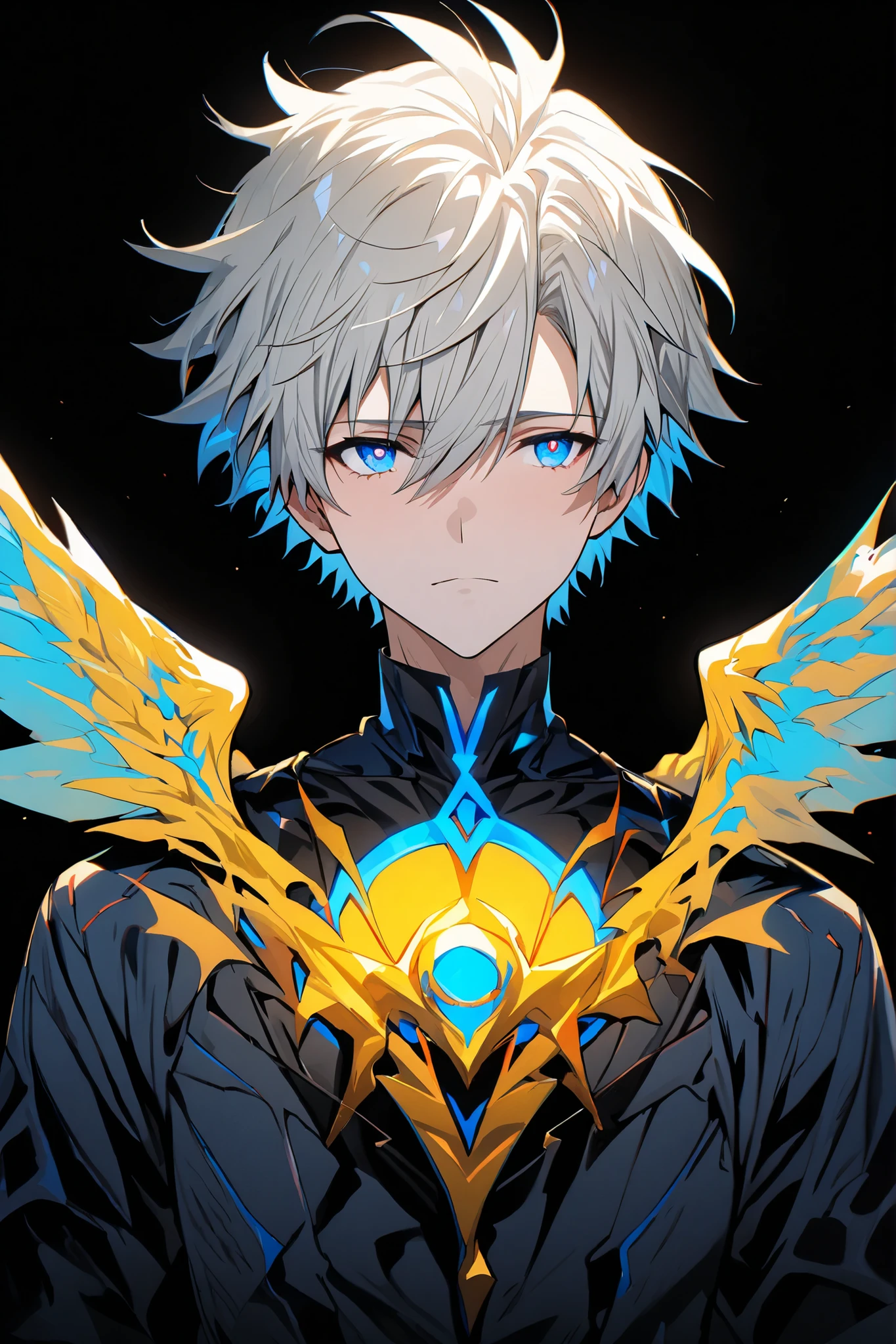 [(BLACK BACKGROUND:1.5),::5], ((masterpiece)), high quality, ultra very high resolution, full color, ((solo)), ((adult male)), ((men's white Short hair), (inner yellow hair), (blue eye.), anime, (upper body), (Wings EFFECT:1)