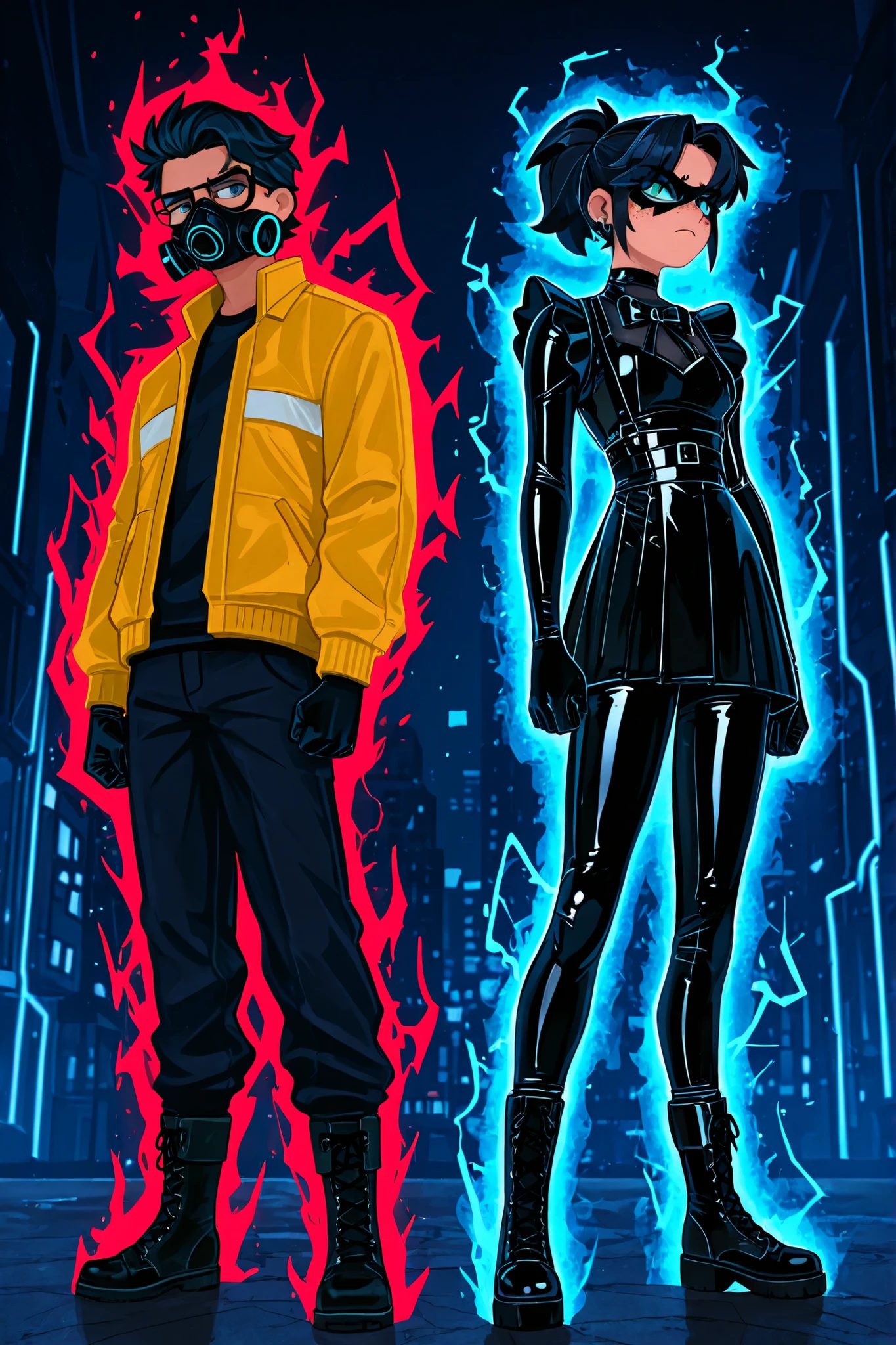 B3NS4DFL3CK

New York City
Streets
Night Time

1boy, glasses, hazel-green eyes, black short hair, yellow utility jacket, black jeans, black combat boots, piercing gaze, half face respirator, heroic pose, red lightning aura, serious eyes

1girl, dark blue / black hair in a ponytail, dark blue eyes, freckles, short 5'5 height, Japanese jirai kei style latex clothes, gloves, eye mask, heroic pose, blue energy aura, serious face

two characters, standing side by side, boy on the left, girl on the right