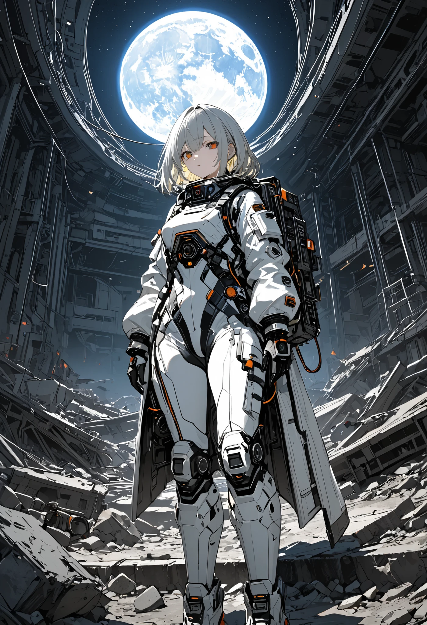 (masterpiece,Highest Quality,ultra detail,超high definition,detailed background),((flat color)),((colorful)),(1girl),watch the viewers,solo,The Forgotten Star、planet、Earth After Three Thousand Years、Earth without humans、Apocalypse Hotel、The Forgotten Earth、The edge of the galaxy、What kind of stories happened on this forgotten planet、The Forgotten Earth、🌏、Collapsed civilization、Covering up、Rubble spreads all over、A girl in a spacesuit looking into the distance、White Moon、 What kind of story happened on this forgotten planet、masterpiece，（masterpiece），full body view ,best quality ，（Highest Quality）， cinematiclighting ，（cinematic lighting）、beautiful detailed eyes ，eye detail connected to an electric wire，uitra-detailed，（Super Detailed），highresolution， （high definition），8k，8K resolution，official art，（official illustration style），