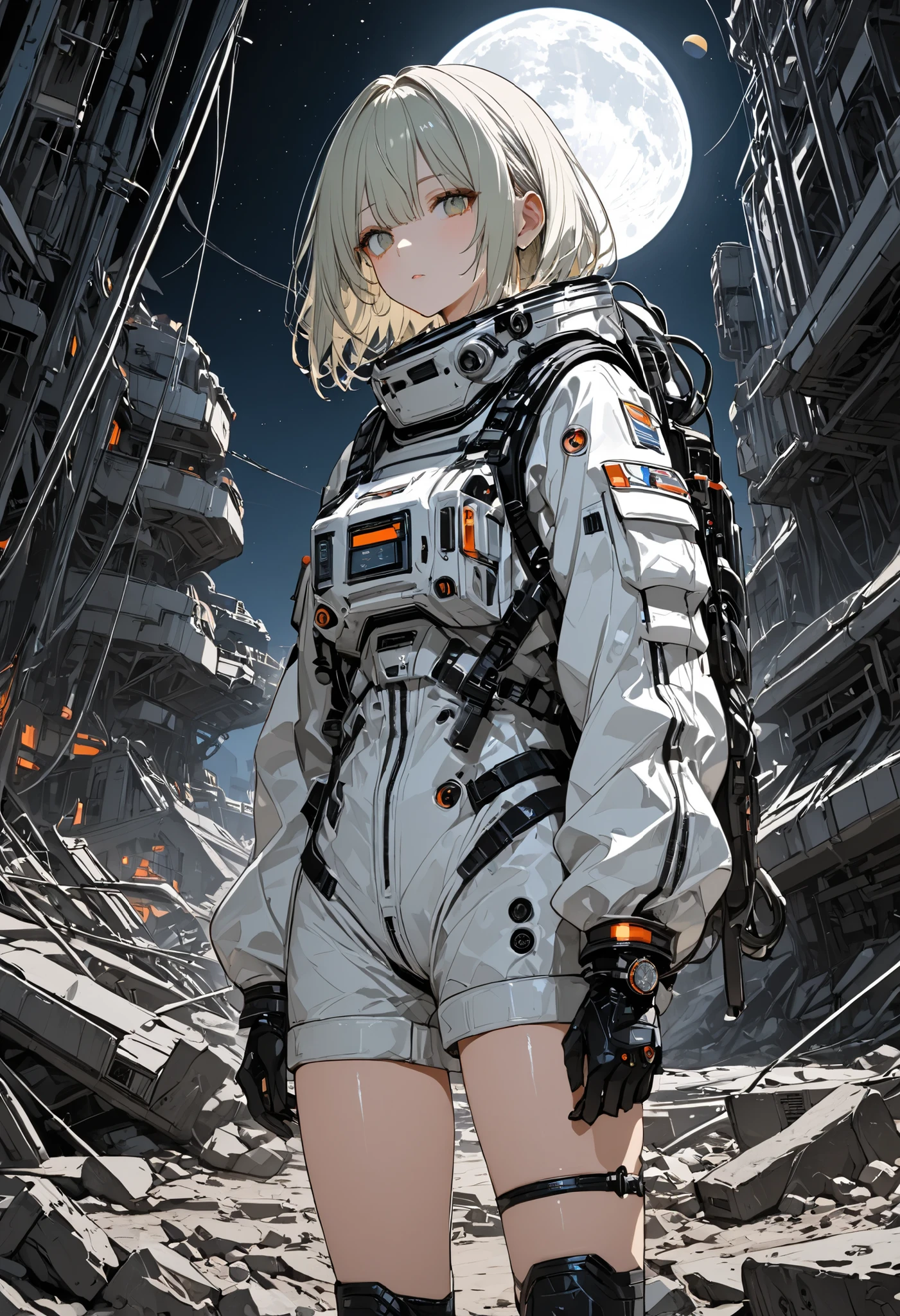 (masterpiece,Highest Quality,ultra detail,超high definition,detailed background),((flat color)),((colorful)),(1girl),watch the viewers,solo,The Forgotten Star、planet、Earth After Three Thousand Years、Earth without humans、Apocalypse Hotel、The Forgotten Earth、The edge of the galaxy、What kind of stories happened on this forgotten planet、The Forgotten Earth、🌏、Collapsed civilization、Covering up、Rubble spreads all over、A girl in a spacesuit looking into the distance、White Moon、 What kind of story happened on this forgotten planet、masterpiece，（masterpiece），full body view ,best quality ，（Highest Quality）， cinematiclighting ，（cinematic lighting）、beautiful detailed eyes ，eye detail connected to an electric wire，uitra-detailed，（Super Detailed），highresolution， （high definition），8k，8K resolution，official art，（official illustration style），