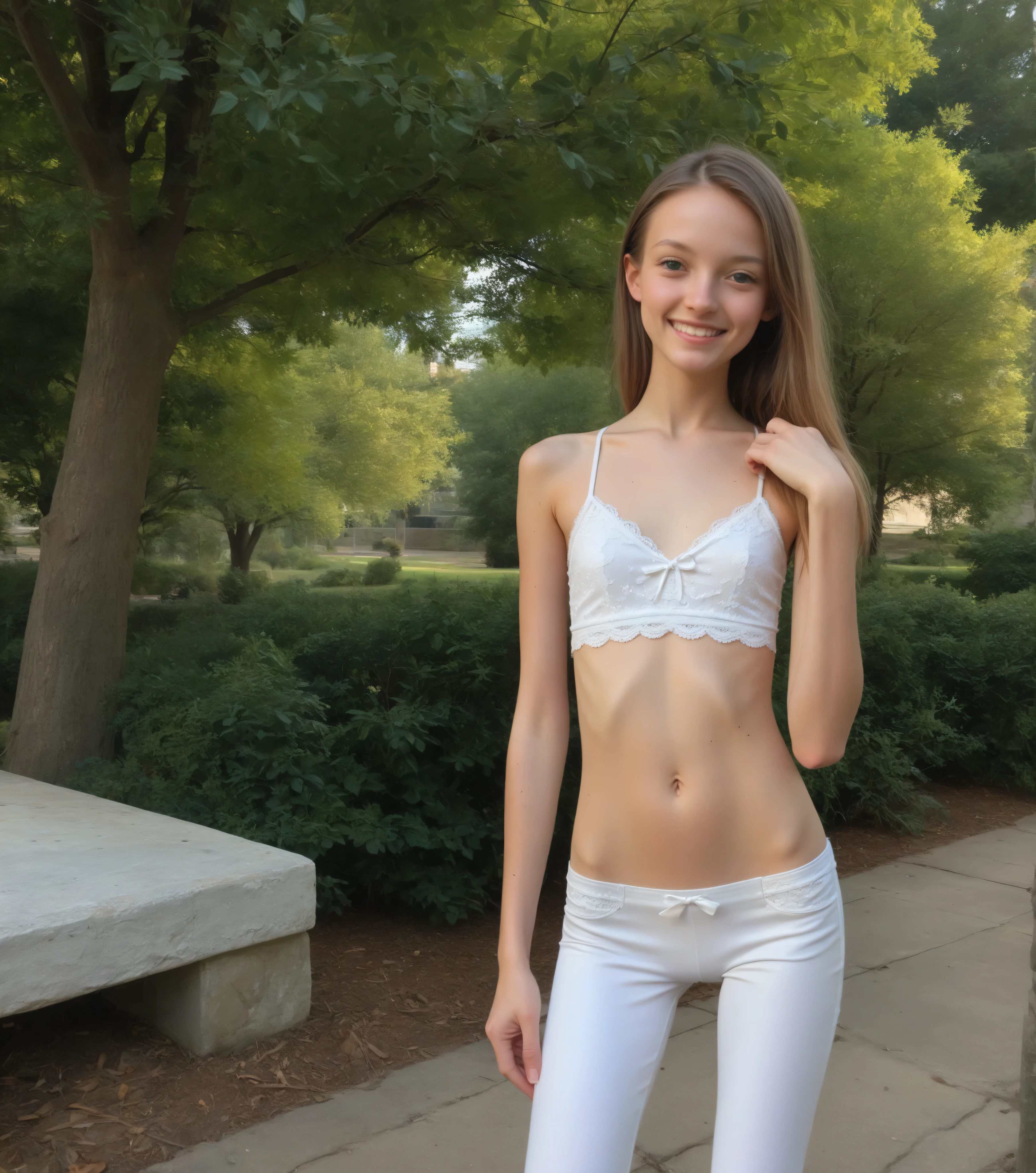 ((Highest Quality)), ((Photo Quality)), (detail), perfect face,Raise Your Hand,narrow shoulder,was photographed in the park,(smile:0.5),2 cute girls,(skinny:1.3),(Slim:1.5),flat chest