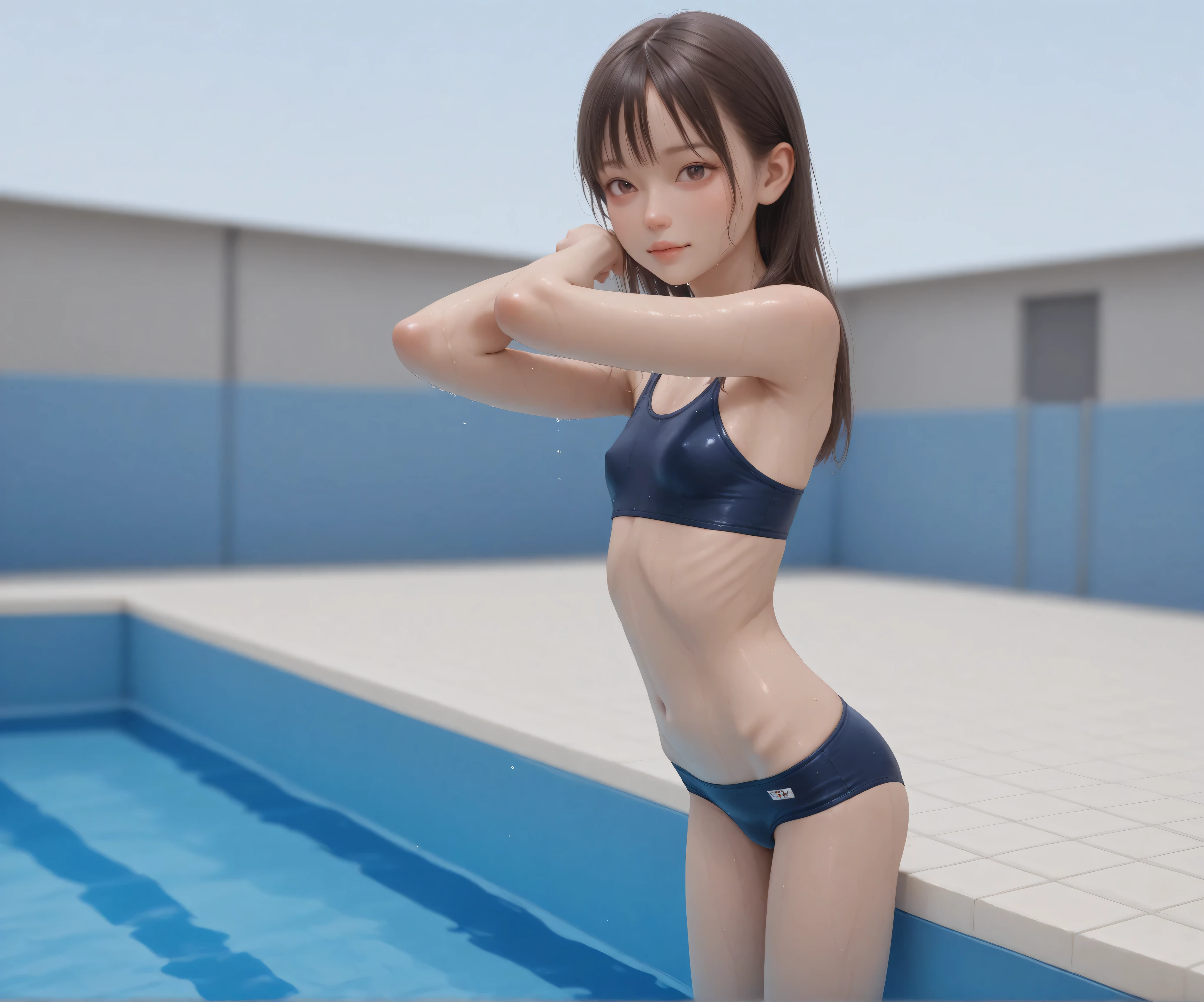 Realistic:1.5, 日本のyounger女の子,She is wearing a Japanese style navy school swimsuit, (younger:1.4),(skinny:1.3), Slim, Small butt, small breasts naked:0.1, cute face, my swimsuit is wet, PUBLIC POOL , (thin thighs)
