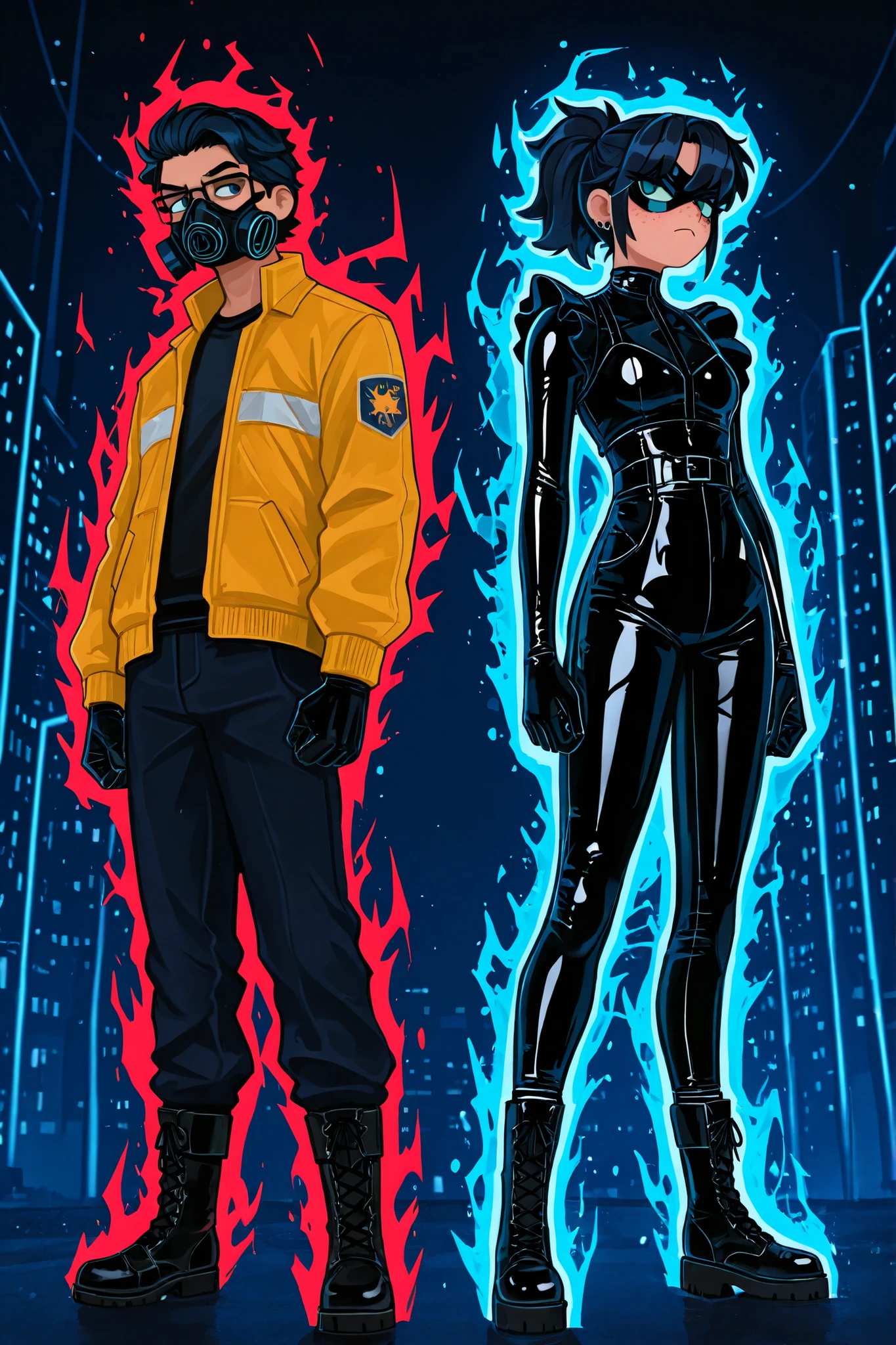B3NS4DFL3CK

New York City
Streets
Night Time

1boy, glasses, hazel-green eyes, black short hair, yellow utility jacket, black jeans, black combat boots, piercing gaze, half face respirator, heroic pose, red lightning aura, serious eyes

1girl, dark blue / black hair in a ponytail, dark blue eyes, freckles, short 5'5 height, Japanese jirai kei style latex clothes, gloves, eye mask, heroic pose, blue energy aura, serious face

two characters, standing side by side, boy on the left, girl on the right