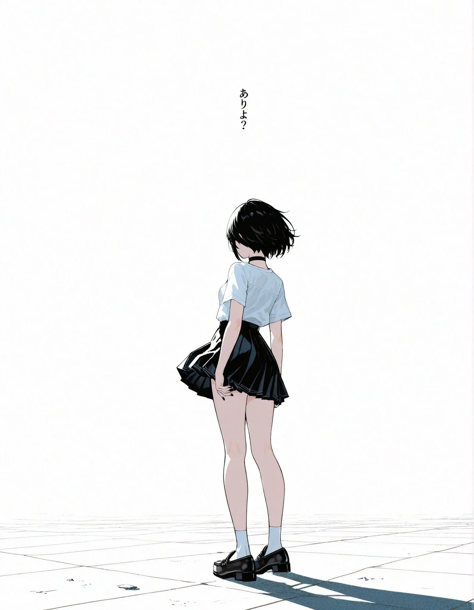 manga, line art, mono, back view, standing, standing pose, full body, 1girl, black hair, short hair, small Breast, short-sleeved shirt, pleated skirts, loafers, Choker, black nail polish, masterpiece, best quality, Perfect details, amazing quality, extremely high resolution, perfect composition, absurdres, newest, very aesthetic, amazing quality, highres, film grain, Focus on the character, Cinematic, dramatic, Magnificent, model, Tatsuki Fujimoto, transcendence, dynamic view, overwhelming, fascinating, coquetry, white background
