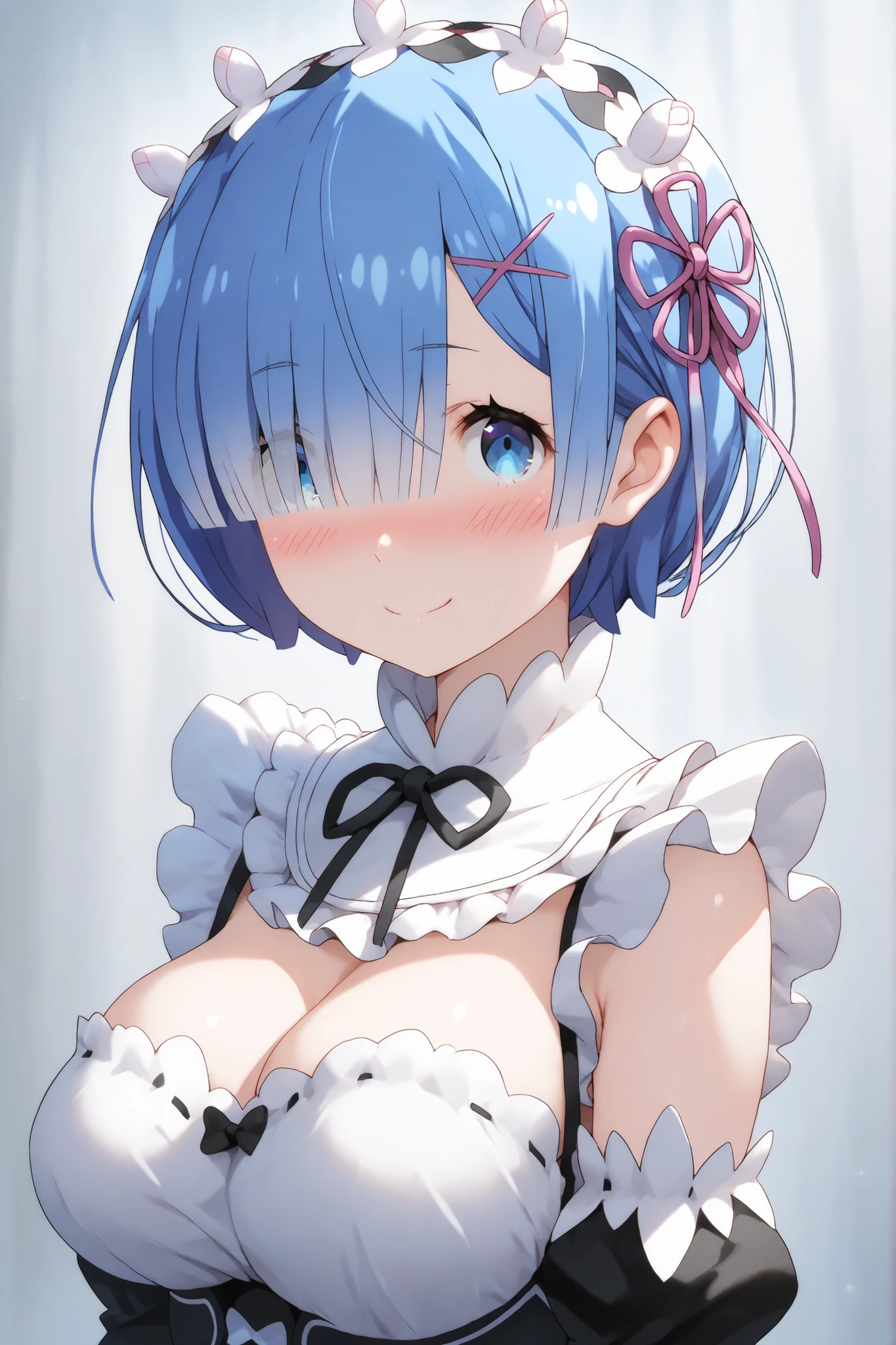 1girl,solo,rem,roswaal mansion maid uniform,short hair,maid,hair over one eye,one eye visible,perfect eyes,hair ornament,detached sleeves,x hair ornament,ribbon,aid headdress,(large breasts:1.3),(masterpiece:1.2),(ultra detailed:1.2),(best quality:1.2),(extremely detailed CG :1.2),(super detailed skin:1.2),(perfect anatomy:1.2),nfsw,cute,upper body, looking at viewer, nose blush,smile