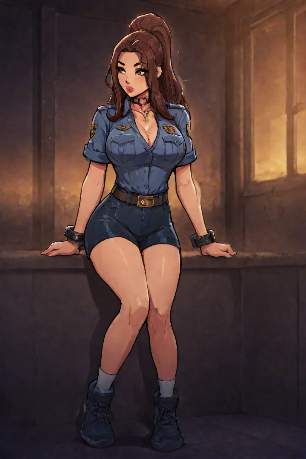 masterpiece, best quality,
1girl, aysmm, medium breasts, brown hair, brown eyes, medium hair, black choker, earrings,  jewelry,
police hat, police uniform, policewoman, impossible clothes, gloves, cleavage, holding baton \(weapon\), baton \(weapon\), seductive smile, sitting, on desk, from below,
 
