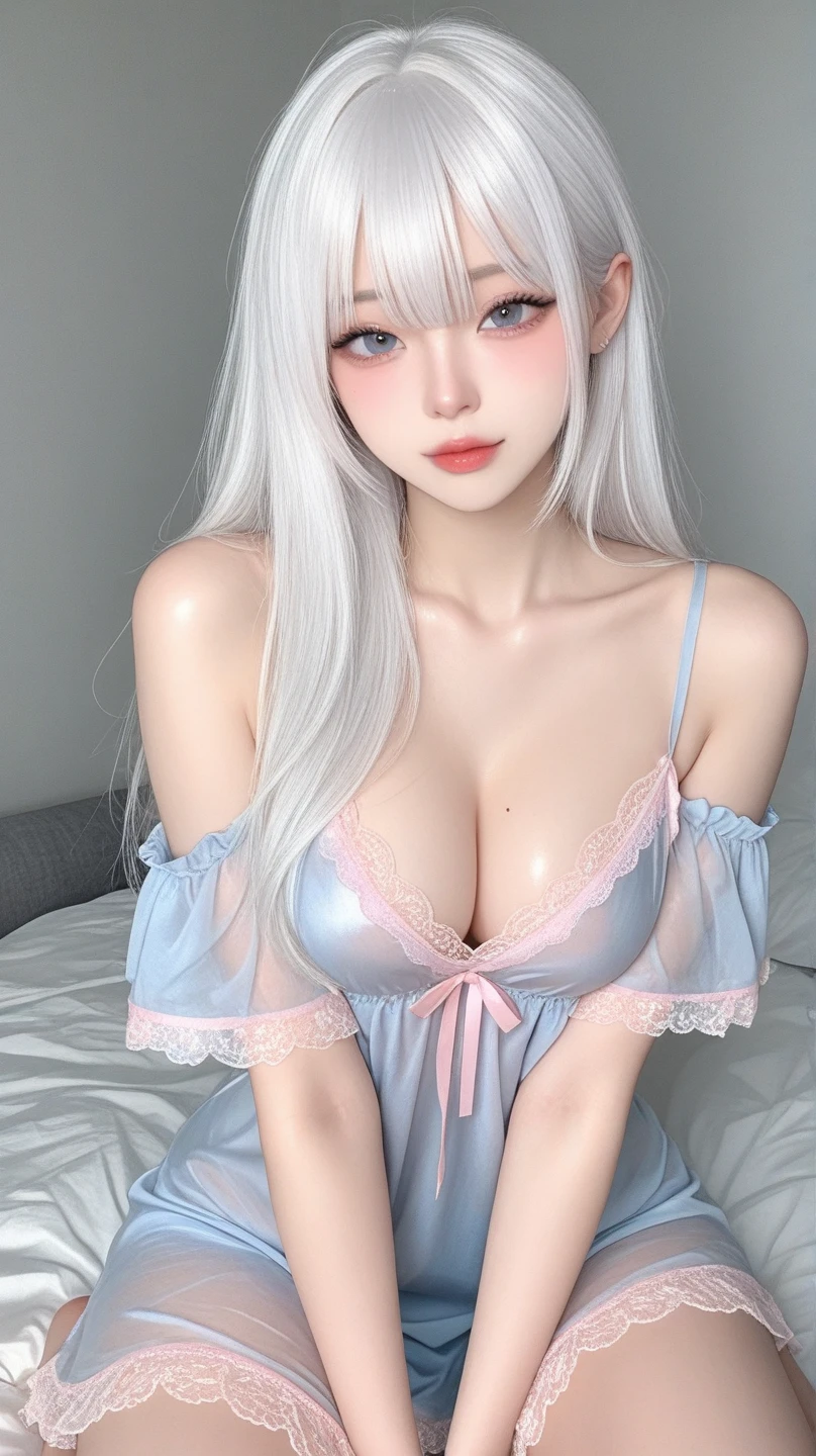 Dutch Angle, girl portrait, ??????, 18yearsold, Meisterwerk, Sleepy eyes, soft smiles, digression, smaller face、Beautiful body, proud, The girls, Blue sky, super long long white hair, milky skin、White skin, White smooth skin, Highly detailed beautiful eyes, ???? and beautiful caucasian woman, Official portrait, ????, ,massive ????,soft and ?????????????、long cleavage、juicy thick thighs, (massive ????:1.2), Fine skin texture、(abs:0.6)、Indoor room with light、Lying in bed, (White theme:1.3)、Overlooking,Open your legs、White background、((covering ???????))
