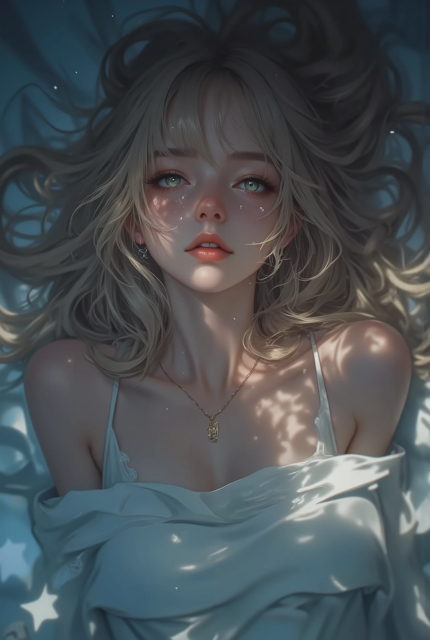 realistic, (1girl:1.5), masterpiece, aeriel view, (full body view:1:7), (front view), sleepless, can't sleep, tired, tired eyes, hands behind the back,silent atmosphere, (bed room backgroud:1.7), strict expression, perfect face, detailed face, long blondy hairs, detailed eyes, light green eyes, eyes with lots of stars, stars in the eyes, hd, hdr, best quality, lots of details, ultra sharp, ultra detailed, colorful, (mesmerizing eyes:1.4), (captivating smile:1.3), perfect proportions:1.3), (radiant complexion:1.3), (alluring gaze:1.3), (feminine charm:1.4), (timeless beauty:1.4), (highly detailed:1.4), (sharp focus:1.3), (soft lighting:1.3), (dreamy atmosphere:1.3), (rich color palette:1.3), (complementary colors:1.2), (8k resolution:1.3), (octane render:1.3), (ray tracing:1.2), (HDR:1.2), (photorealistic:1.4), (masterpiece:1.5), (award-winning:1.4), (trending on Artstation:1.3),(global illumination:1.2), (hyper-detailed skin texture:1.4), (enchanting:1.4), (mesmerizing:1.4), (unforgettable:1.3), (masterpiece), (best quality), (ultra-detailed), very aesthetic, illustration, disheveled hair, perfect composition, moist skin, intricate details, concept art, digital artwork, illustrative, painterly, matte painting, highly detailed