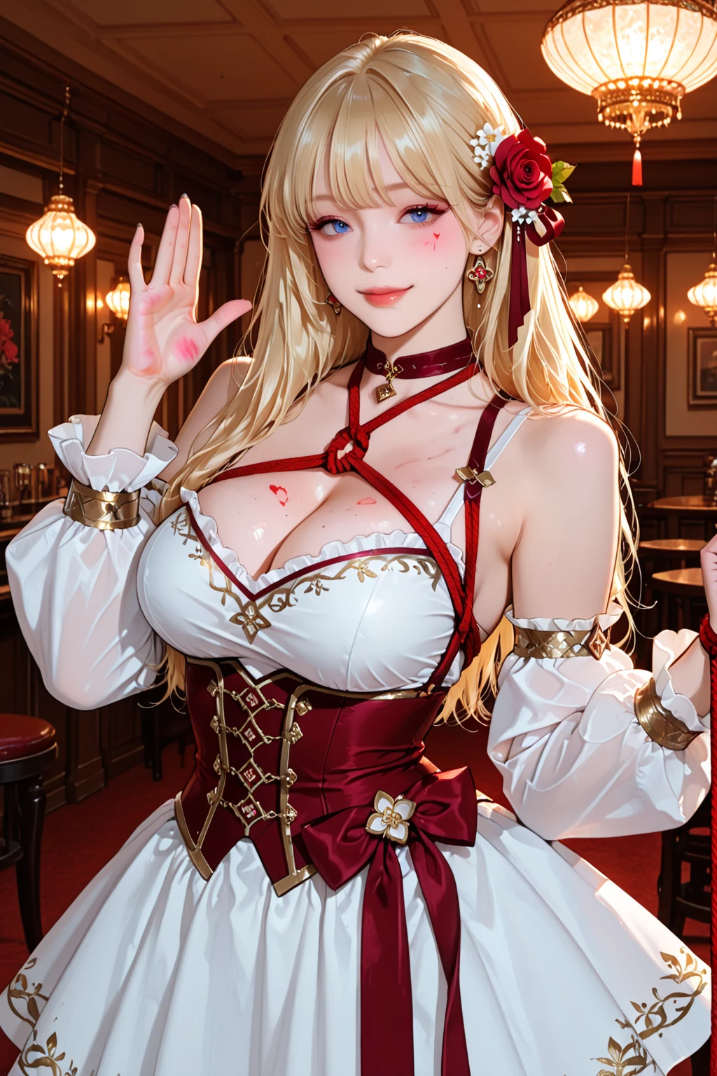 amazing、(masterpiece), (Highest quality), Tekken 8_Yuri, blue eyes, Blonde, Long Hair, On the bed、night、So big huge big、garter belt、((One person))、from the front、Red cheeks、A light smile、Beautiful woman、Well-formed face