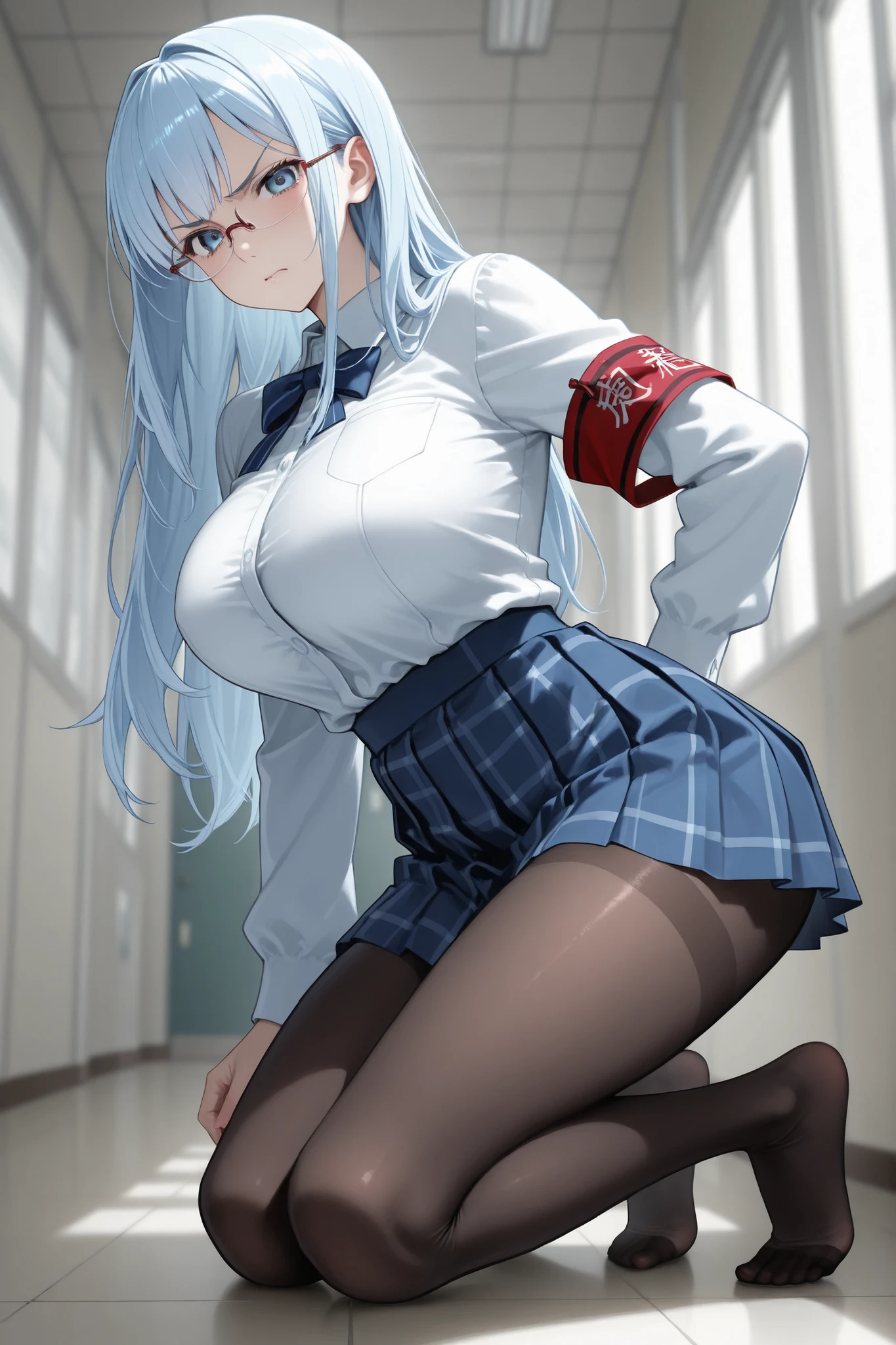 1 Girl、H、10th Generation、Under Rim_metal, Glasses,Chairman of the Disciplinary Committee、red armband、 Light blue uniform、Long Pleated Skirt、long hair、No expression、Glaring、light blue eyes、瞳の中にFukuchafu's raccoon マーク、black tights、glamorous、thin waist、slender、big boobs、fully clothed、masterpiece、Highest Quality、Fukuchafu's raccoon 、Freezing、Frozen School Hallway、White Mist Is Standing Under Her Feet