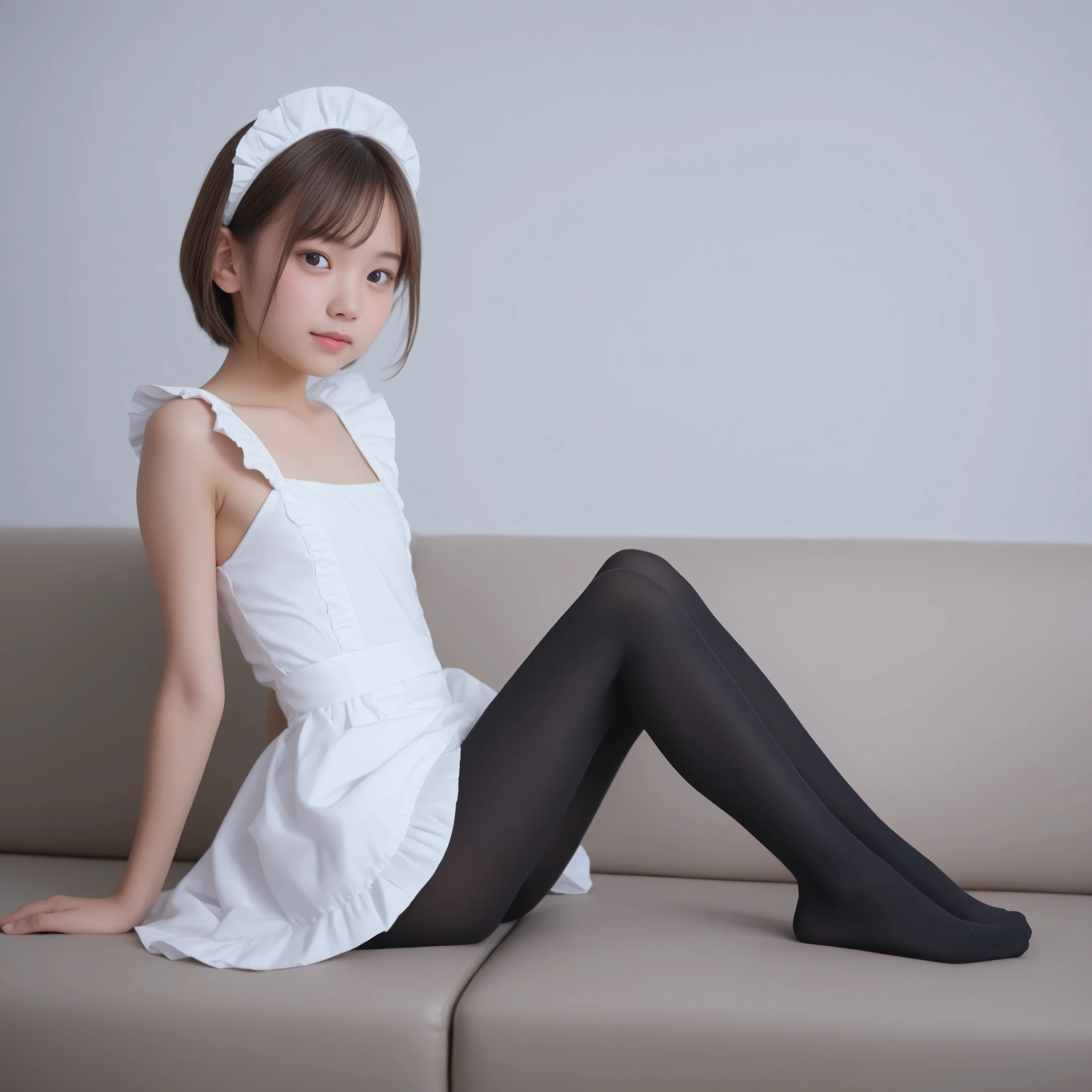1 Girl、maids、(Smile Yang:0.3)、is looking here,sitting、 Thin tights 、From the side、open both legs,(younger:1.5),(skinny:1.1),japanese