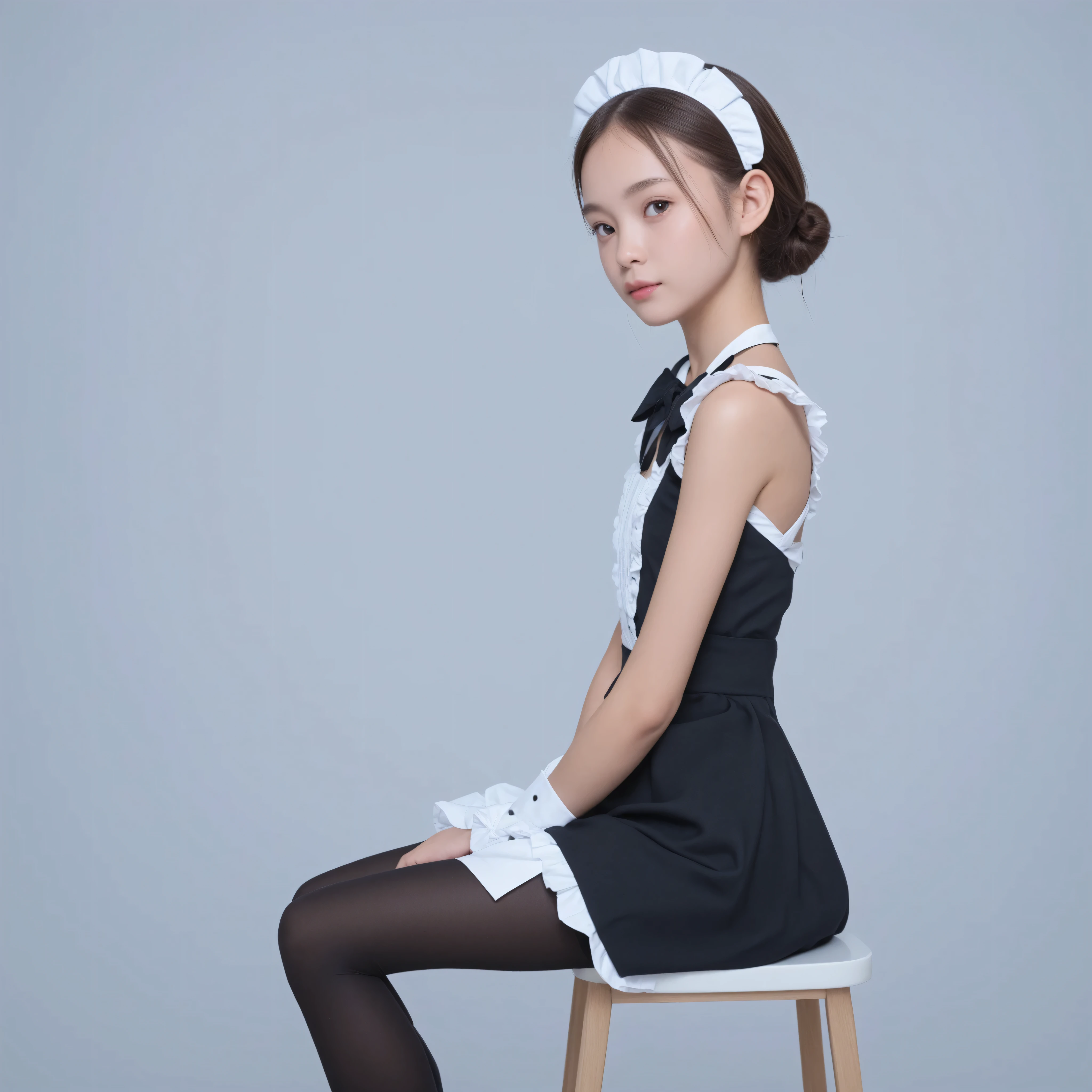 1 Girl、maids、(Smile Yang:0.3)、is looking here,sitting、 Thin tights 、From the side、open both legs,(younger:1.5),(skinny:1.1),japanese