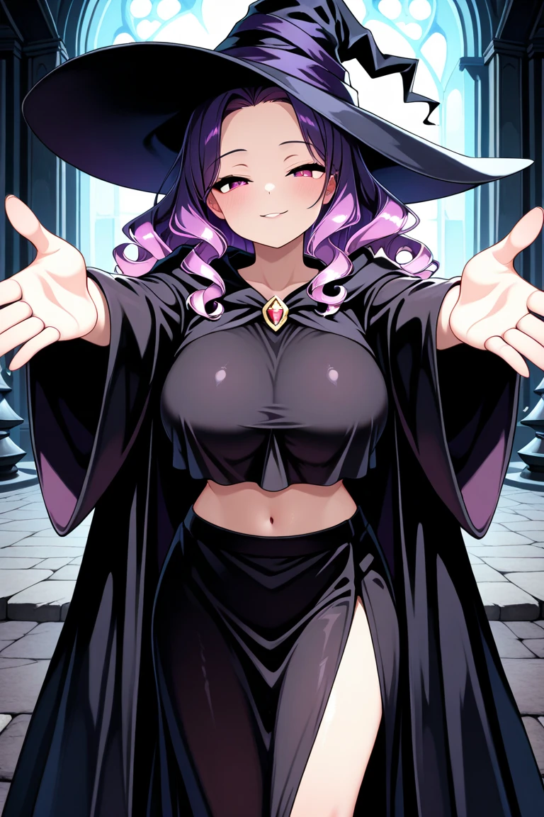 Breasts, witch, purple hair, blue eyes, long hair, witch hat, shadows, darkness, dark, magic, smile, shirt, pants, glowing eyes, belt, arm strap