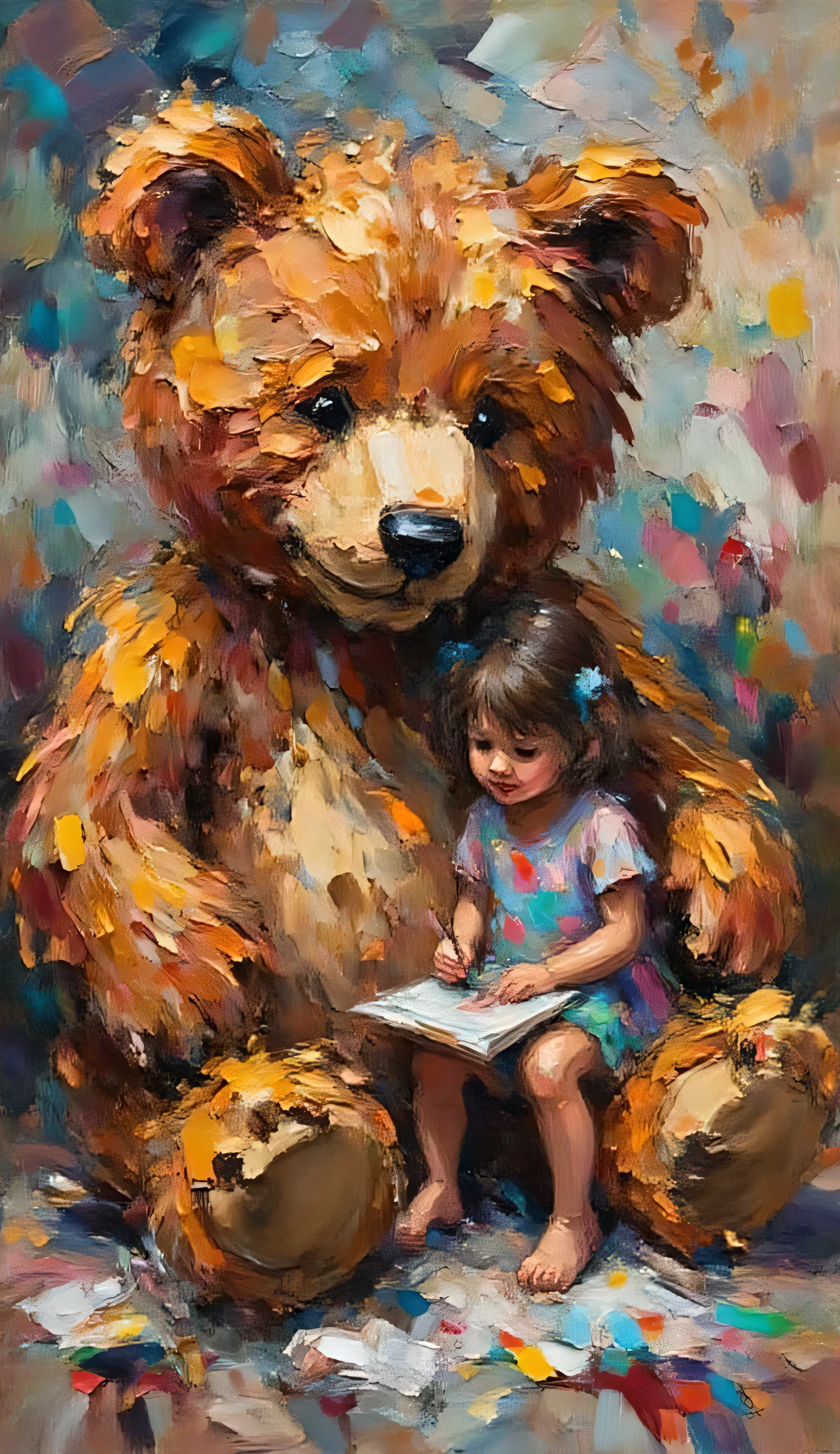 Impasto oil painting ,This is a digital abstract oil painting. The giant furry plush bear and the girl、A girl sitting on the stuffed animal's stomach、are sitting on the stomach of the stuffed animal and playing with coloring books, with thick paint strokes and visible drips, Blur Technique, saturated color, remarkable canvas texture, oil painting that captures the interaction between light and shadow, Impressionist influence, very realistic, and very detailed . Martial Reis, Ray Turner, and César Santos. best work at the exhibition. (style is a fusion of impressionism, abstract painting, Contemporary Art, graphic design, and digital art.)