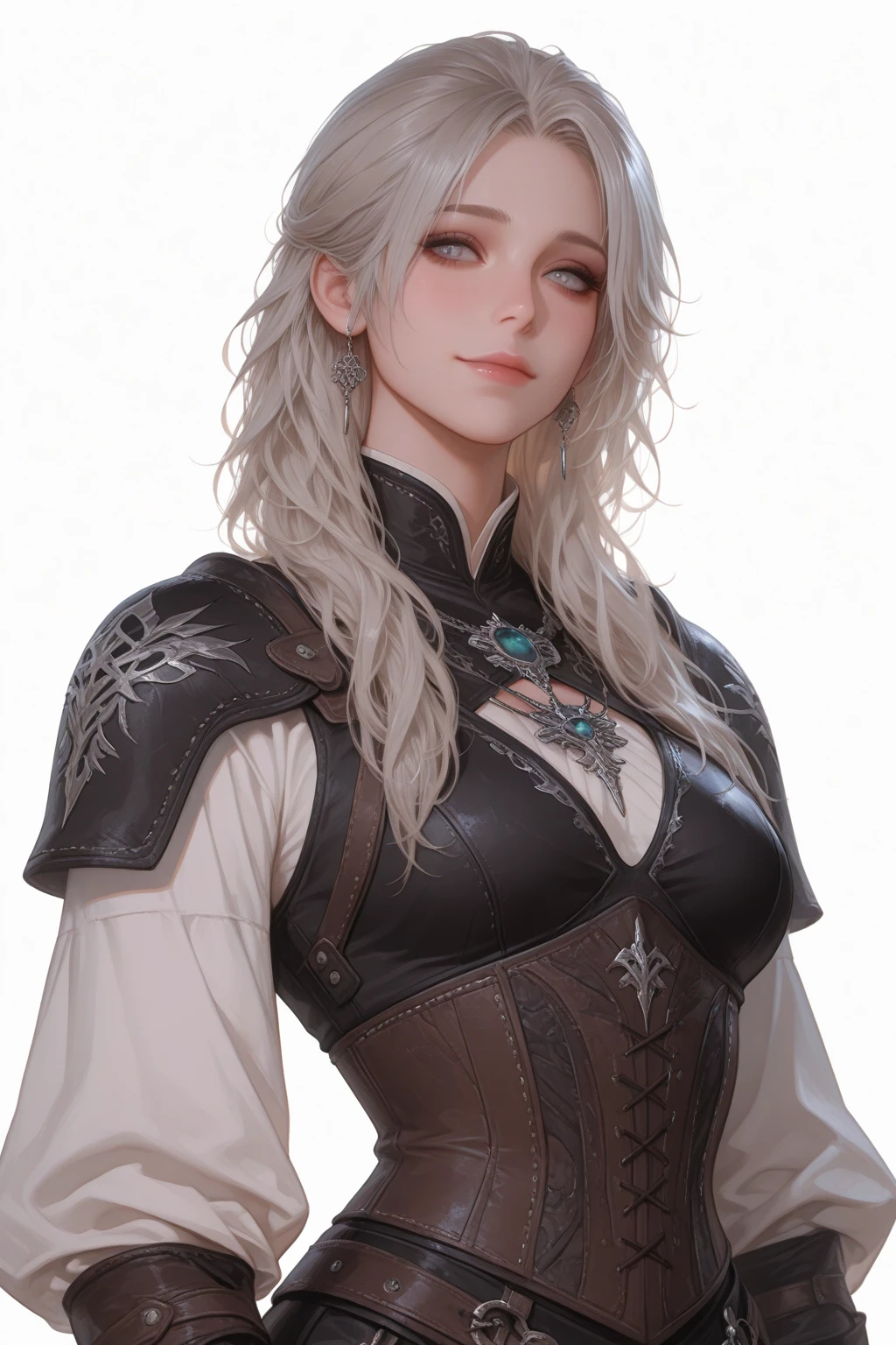 Millicent is a 21 year old young woman.., Tall and fit physique. He has light skin and gray eyes with small pupils... Long wavy white hair braided in a high ponytail with many small braids.. It has long and pointed ears. Described as an incredibly beautiful girl.. Prefers to wear black clothes., gray and white colors