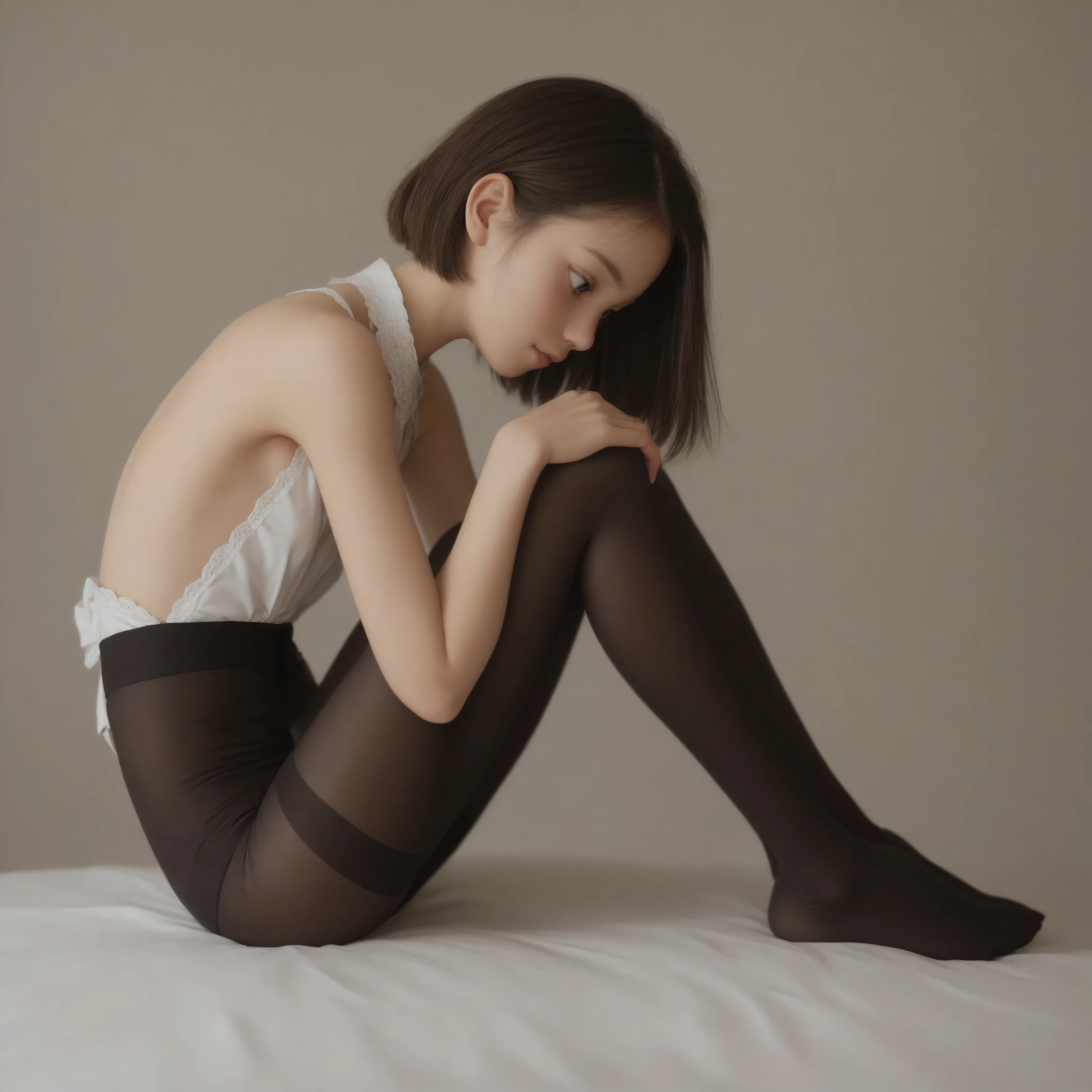 1 Girl、maids、(Smile Yang:0.3)、is looking here,sitting、 Thin tights 、From the side、open both legs,(younger:1.5),(skinny:1.1),japanese