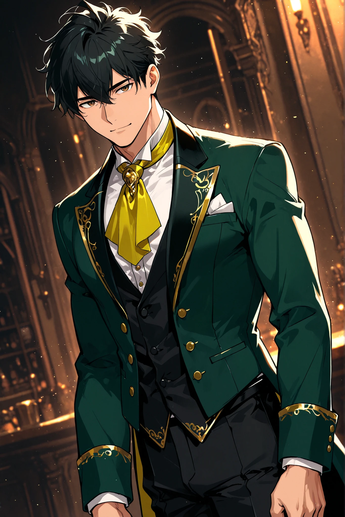1boy, solo, original, handsome man, (mature male:0.8), (brown eyes, khaki eyes:0.5), black hair, (short hair:0.7), (spiky hair:0.9) (hair between eyes:1.1), bangs, gentle, butler, [confident expression], (detailed clothing:1.2), dark green coat, long coat with gold trim, white shirt, yellow ascot, black trousers, accessories, dutch angle, [cowboy shot], slim, upright posture, elegant pose, male focus, (masterpiece:1.2), (best quality:1.2), (amazing quality:1.2), (very awa:1.2), (absurdres:1.2), (very aesthetic:1.0)