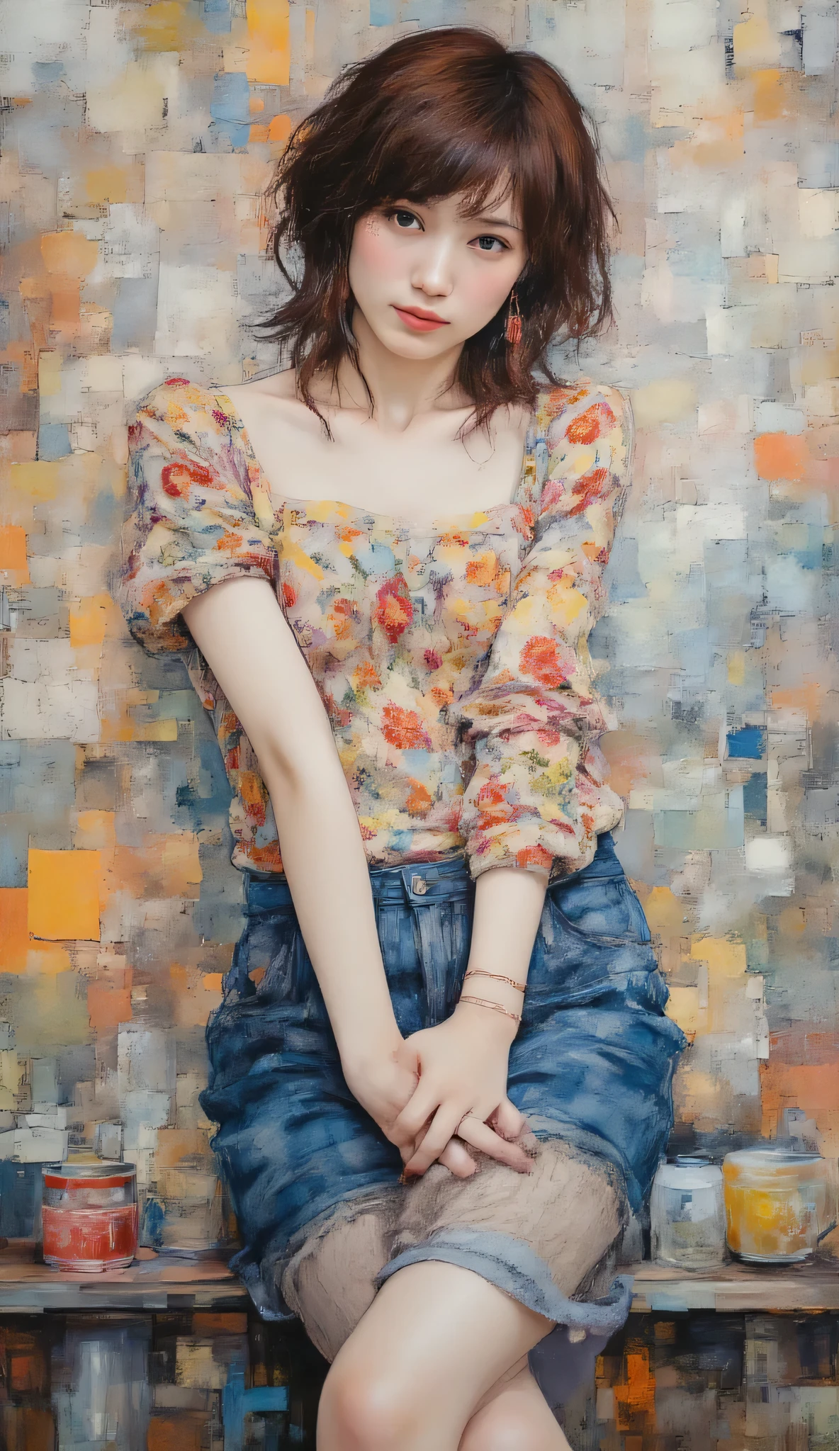 Impasto oil painting ,This is a digital abstract oil painting. It depicts a beautiful young woman, with thick paint strokes and visible drips, Blur Technique, saturated color, remarkable canvas texture, oil painting that captures the interaction between light and shadow, Impressionist influence, very realistic, and very detailed . Martial Reis, Ray Turner, and César Santos. best work at the exhibition. (style is a fusion of impressionism,  abstract painting, Contemporary Art, graphic design, and digital art.)、Honda Tsubasa