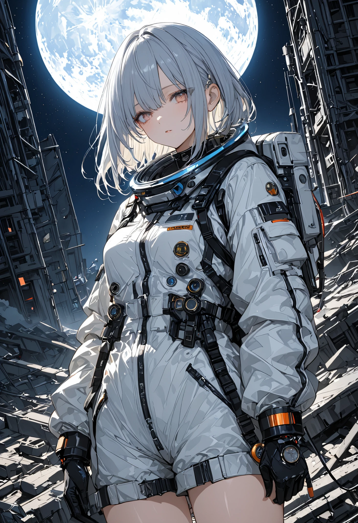 (masterpiece,Highest Quality,ultra detail,超high definition,detailed background),((flat color)),((colorful)),(1girl),watch the viewers,solo,cowboy shot、The Forgotten Star、planet、White Moon、Earth After Three Thousand Years、Earth without humans、Apocalypse Hotel、The Forgotten Earth、The edge of the galaxy、What kind of stories happened on this forgotten planet、The Forgotten Earth、🌏、Collapsed civilization、Covering up、Rubble spreads all over、A girl in a spacesuit looking into the distance、White Moon、 What kind of story happened on this forgotten planet、masterpiece,(masterpiece),full body view ,best quality ,(Highest Quality), cinematiclighting ,(cinematic lighting)、beautiful detailed eyes ,eye detail connected to an electric wire,uitra-detailed,(Super Detailed),highresolution, (high definition),8k,8K resolution,official art,(official illustration style),