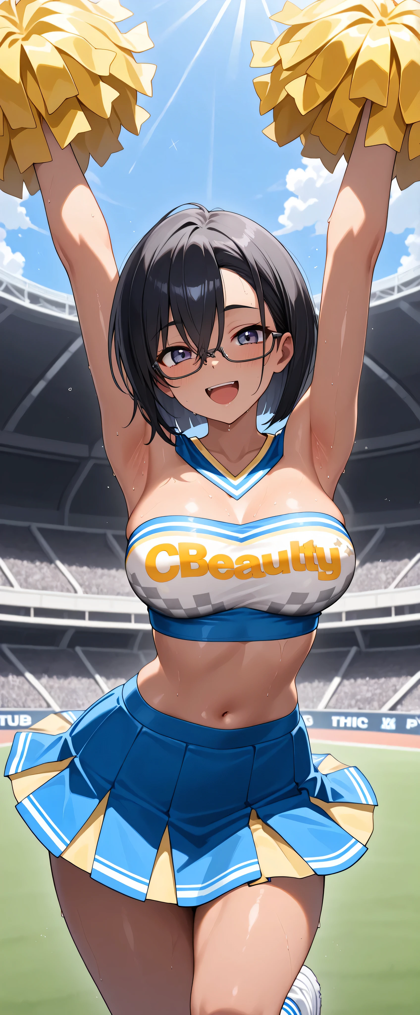 (masterpiece,Highest Quality,Ultra Hi-Res),1 Japanese Woman, (((prompt, so beautiful ))), cute girls with good sense、look at the photographer､  (()), very cute face,  ,they exude dark skin with a natural smile、 , ､,  FRAME ONLY YOUR PERFECT HANDS AND FEET, perfect anatomy breaks standards,((( Support Uniform ,cheerleader,cheerleader,tube top))))Stadium,())sweaty,(((tube top)))((((Open His Mouth)))Kaoru Niimi,white skin,glasses