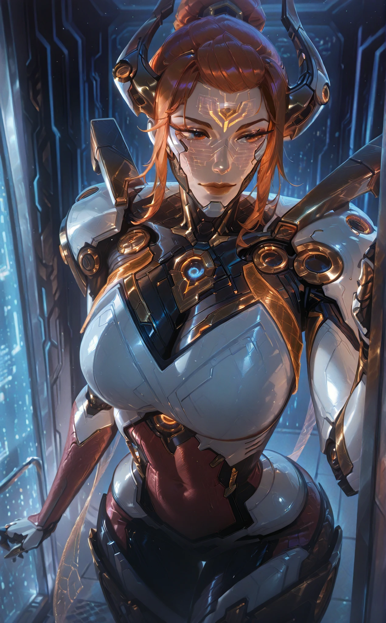 a close up of a woman in a futuristic outfit with horns, of a beautiful female warframe, biomechanical oppai, 2. 5 d cgi anime fantasy artwork, portrait of a cyborg queen, beautiful cyborg priestess, cyborg goddess in cosmos, girl in mecha cyber armor, of a beautiful saryn warframe, 8k high quality detailed art, A futuristic, robotic figure stands in a dimly lit corridor designed with sleek, metallic architecture. The character, possibly female, features a complex exoskeleton armor with intricate patterns of glowing cyan and black metal. Her hair, long and flowing, complements the cyberpunk aesthetic, appearing teal and accented with metallic ornaments and wires. Her armor is highlighted by neon-lit circuits running throughout, emphasizing the high-tech nature of her appearance. The setting suggests a science fiction world, with metallic walls and blue ambient lighting contributing to an otherworldly atmosphere. The mood is a blend of mystery and advanced technology, characterized by the shiny, smooth surfaces and the strategic use of light reflecting off the highly detailed components of her suit.