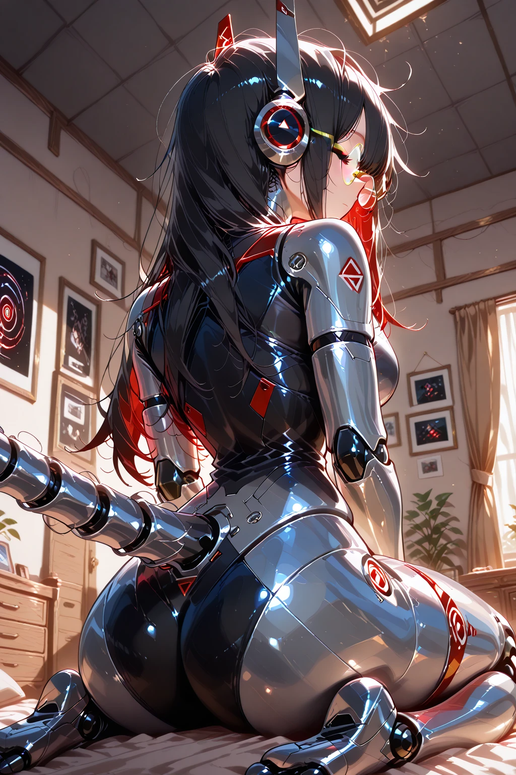 (masterpiece, top quality, best quality, official art, beautiful and aesthetic:1.2), (1girl:1.3), chrome colours, extreme detailed, colorful, highest detailed ((ultra-detailed)), (highly detailed CG illustration), ((an extremely delicate and beautiful)),(from side),cinematic light,((1mechanical girl)),solo,f ull body,(machine made joints:1.2), ((machanical limblood vessels connected to tubeechanical vertebra attaching to back),((mechanical cervical attaching to neck)),(connected to a machine), wearing a google, expressionless,(wires and cables attaching to neck:1.2),(wires and cables on head:1.2)(character focus),science fiction, futuristic background,(blood:1.5), short black hair